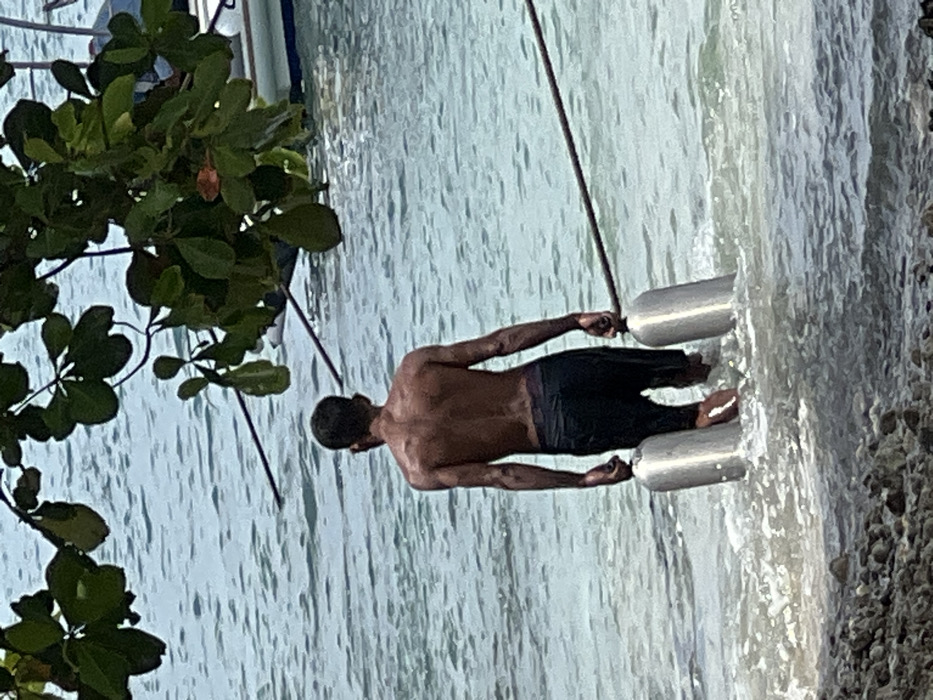 A shirtless man walks into the water, carrying two silver tanks. The water washes over his feet and the cylinders. He wears dark, wet shorts. A tree with large, green leaves is on the left. The water stretches out to the horizon. A boat's hull is visible above the tree. The shoreline is rocky.