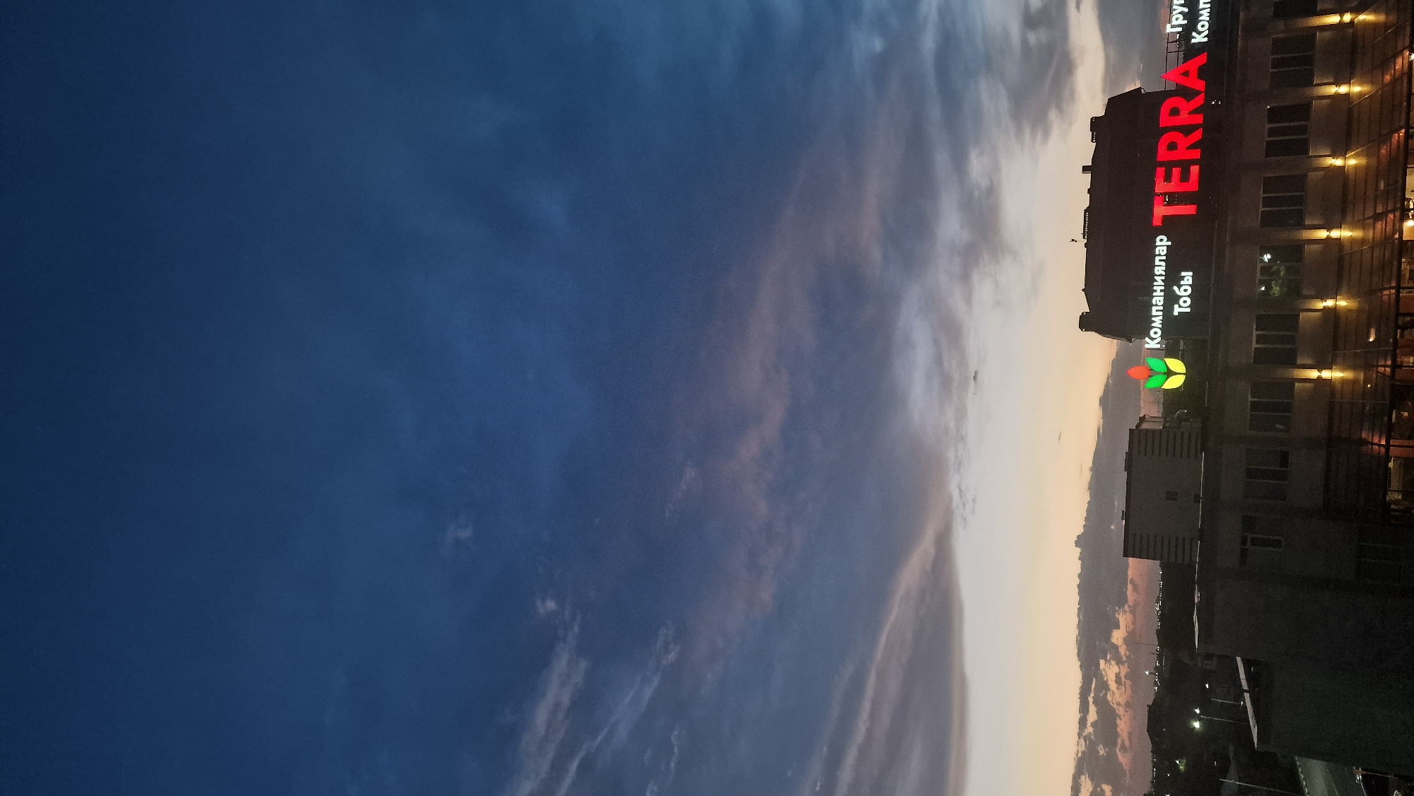 An outdoor, vertical, eye-level shot captures a twilight scene in the city of Unknown, Unknown. The sky dominates the upper two-thirds of the frame with a deep blue, transitioning to lighter hues near the horizon where soft, wispy clouds are tinged with pink and orange from the setting sun. Below the sky, silhouetted buildings are visible. The most prominent building in the mid-ground is a multi-story structure with a dark facade, illuminated by warm lights from below. A bright red neon sign that reads "TERRA" is affixed to the roof of this building, accompanied by smaller text in Cyrillic script and a colorful logo featuring three stylized leaves in green, yellow, and red. To the left of this structure, another building with horizontal banded details is visible, also partially illuminated. In the far distance, other city lights are faintly discernible against the darkening sky, suggesting a developed urban area. The overall mood is serene, with the fading light creating a dramatic backdrop for the city's illuminated signage.
