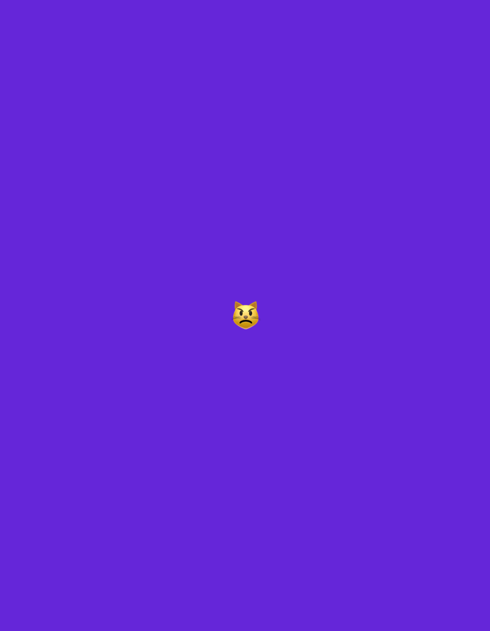 The image consists of a solid, uniform background of a deep violet or royal purple color. Centered slightly above the midpoint of the frame is a small, yellow-colored digital emoji depicting an angry cat's face. The emoji features pointed ears, furrowed brow ridges, small black eyes, an inverted V-shaped mouth indicating a frown, and faint whisker markings on its cheeks, conveying an expression of frustration or anger. The background is entirely devoid of any discernible features, patterns, or elements that could suggest a specific physical environment, interior, or exterior setting. There are no people, other subjects, objects (beyond the emoji), actions, or interactions depicted in the image that would allow for identification of a location in Santa Ana, Venezuela, or any other specific geographical area.