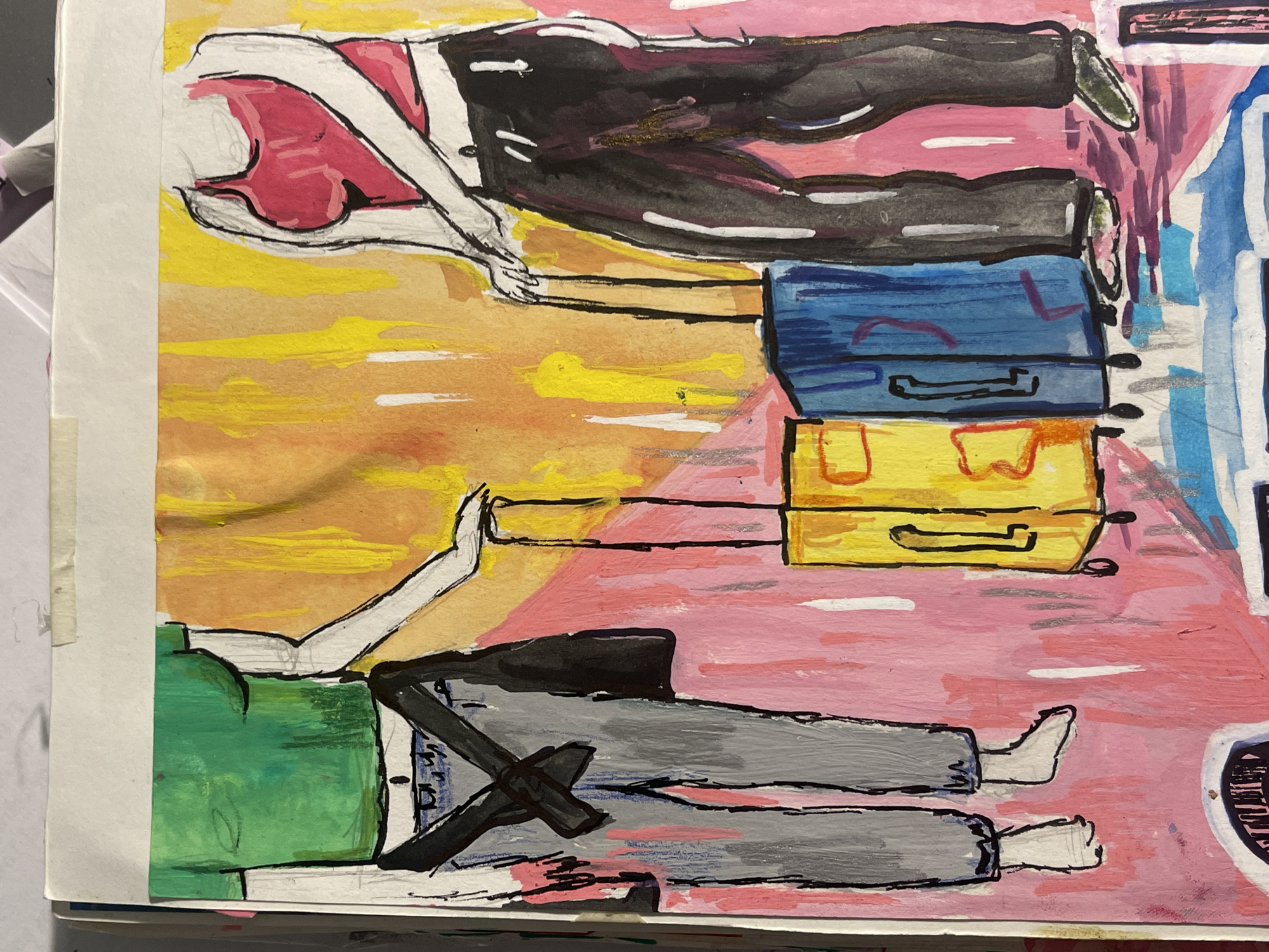 This mixed-media artwork features two stylized, elongated figures lying horizontally across the frame, amidst an abstract, brightly colored background. The artwork, possibly from a sketchbook given the visible white margin on the left, utilizes bold black outlines and vibrant, flat colors with visible brushstrokes.
The upper figure, oriented towards the top right, wears a bright pink top and dark, possibly black, trousers. Its arms are bent at the elbows, with hands resting near the mid-section. The lower figure, oriented towards the bottom right, is dressed in a green top and light grey trousers, with its arms similarly posed. Both figures have pale skin and their faces are not depicted.
Between the two figures, two suitcases are stacked vertically. The lower suitcase is yellow, and the upper one is blue, both featuring black handles and wheels, suggesting a theme of travel or movement.
The background is divided into broad, horizontal bands of color: a vibrant yellow at the top, transitioning into orange, and then into various shades of pink and light blue towards the right. This abstract color gradient creates a dynamic yet calming atmosphere. The figures' relaxed, reclining poses, combined with the suitcases, suggest a moment of rest or transition, perhaps after a journey. There are no explicit location cues within the artwork itself, but the context provided places the work in Maidstone, United Kingdom. No text is visible in the image.