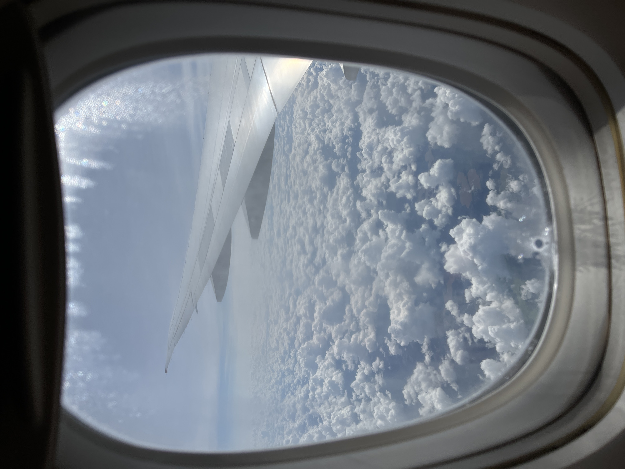 The image is taken from inside an airplane looking out of a window at a vast expanse of clouds below, with a portion of the airplane's wing visible. The view is dominated by fluffy white cumulus clouds, which cover the ground completely. Patches of blue sky are visible through breaks in the clouds. The airplane's wing, a light silver color, extends from the right side of the frame towards the left, with its leading edge sharp and its surface reflecting sunlight. The window frame of the airplane is also visible, a metallic gray color, with some condensation or smudges on the glass. The overall scene evokes a sense of flight and being above the earth. There is no indication of Sukhanikha, Russia, in the image.