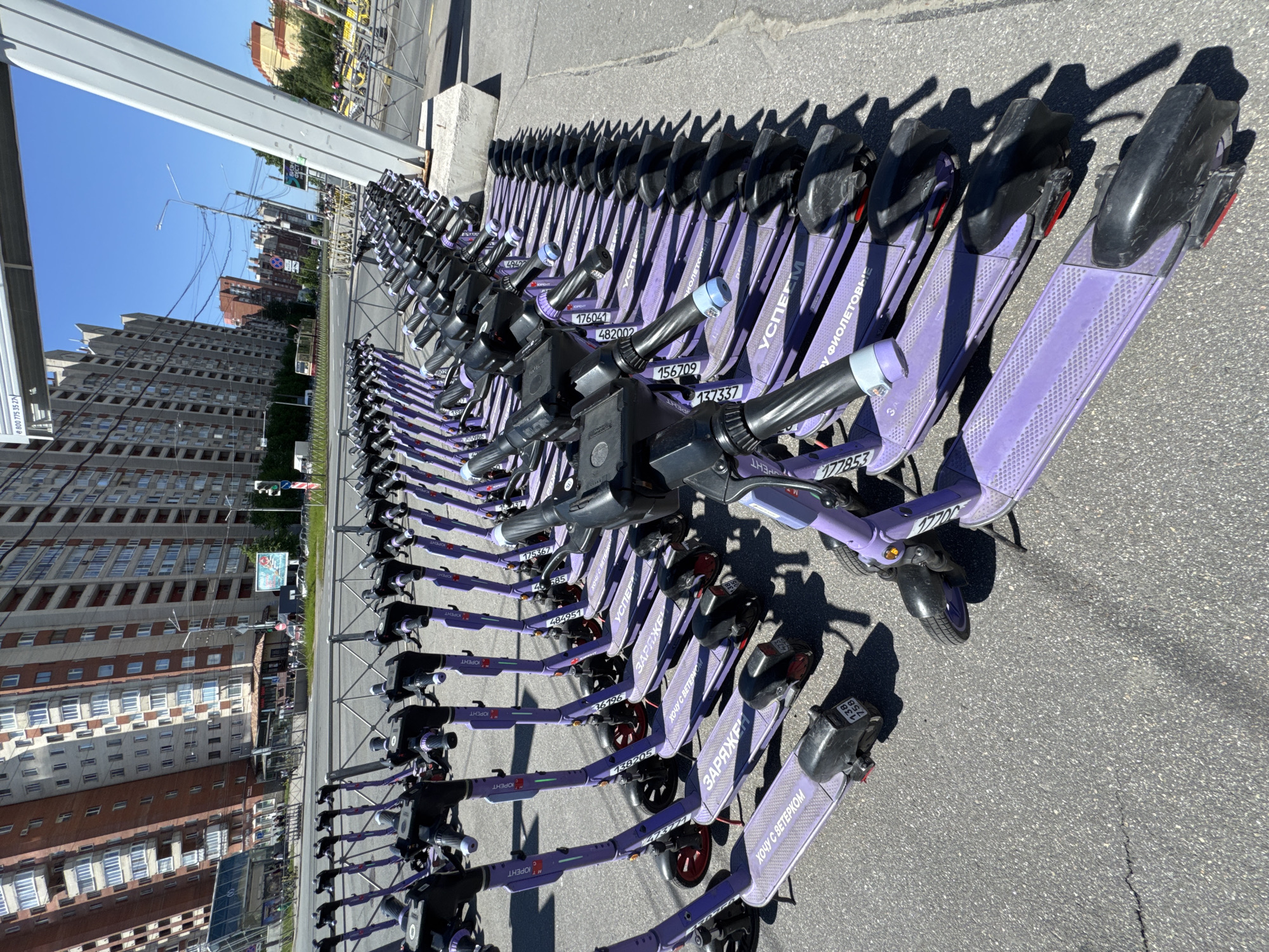 The image displays a long, dense row of numerous purple electric scooters parked on an asphalt surface under a clear blue sky, indicating a rental station in an urban environment. No people are visible. The bright sunlight casts prominent shadows from the scooters and an overhead structure, suggesting it is midday or early afternoon.
The scooters are predominantly purple with black handlebars and footboards, and they are neatly lined up in multiple rows. Each scooter features the brand name "ЮРЕНТ" (Yurent), which is a common rental service in Russia, and includes individual identification numbers such as "36196", "138205", "175367", "484951", "49422", "176041", "482002", "156709", "137337", and "177853". Several scooters also bear Cyrillic slogans like "ХОЧУ С ВЕТЕРКОМ" (I want a breeze), "ЗАРЯЖЕН" (Charged), "УСПЕЕМ" (We'll make it), and "У ФИОЛЕТОВЫЕ" (The purple ones).
In the background, a street runs parallel to the scooter parking, bordered by multi-story urban buildings constructed from concrete and brick, characteristic of a city setting. A large grey structural beam or canopy extends over the left side of the frame. A white sign with the phone number "8 800 775 35 27" is visible on this structure. The scene depicts a modern urban transport service, consistent with the context of Saint Petersburg, Russia, where such rental services are prevalent.