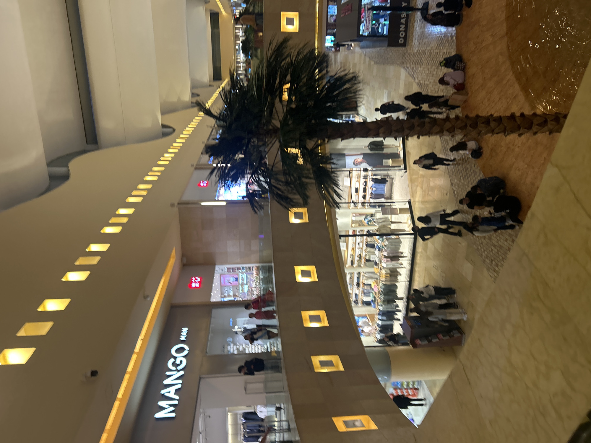 The image shows an interior view of a multi-level shopping mall. Prominently featured is a tall palm tree, its trunk extending to the second level. Adjacent to the palm tree is a retail store identified by the "Mango Man" sign. Several people are visible on different levels of the mall. The mall has several illuminated light fixtures. The ground floor features an area with a light-colored, textured surface. The location is likely the city of San Bernardino Tlaxcalancingo, Mexico.