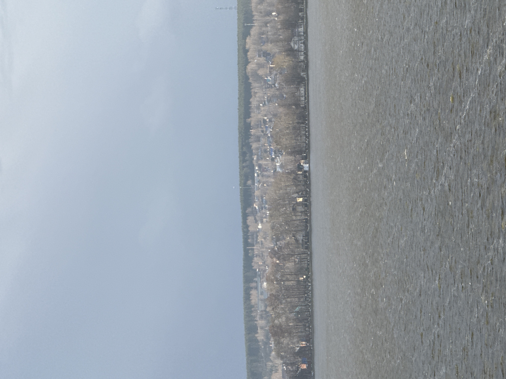 The image shows a view of Votkinsk, Russia, from across a body of water, likely the Votkinsk Reservoir. The sky is overcast and grey. The body of water is choppy. A strip of land with buildings and trees lines the opposite shore. A dense forest appears behind the buildings. Some distant structures are also visible.