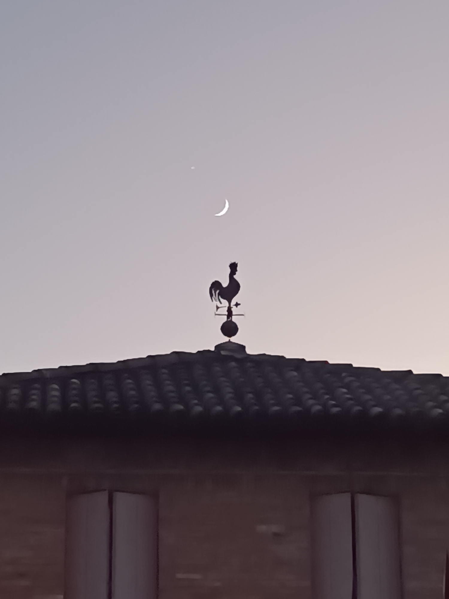 The image shows a rooftop in Viadana, Italy, with a weathervane shaped like a rooster positioned above a tiled roof. In the sky above the weathervane, a crescent moon is visible along with a small, bright dot that may be a planet or a star. The sky has a gradient of pale colors, suggesting it is either dawn or dusk. Below the roof, a brick wall with two windows is partially visible. The image captures a serene and quiet moment of the cityscape.
