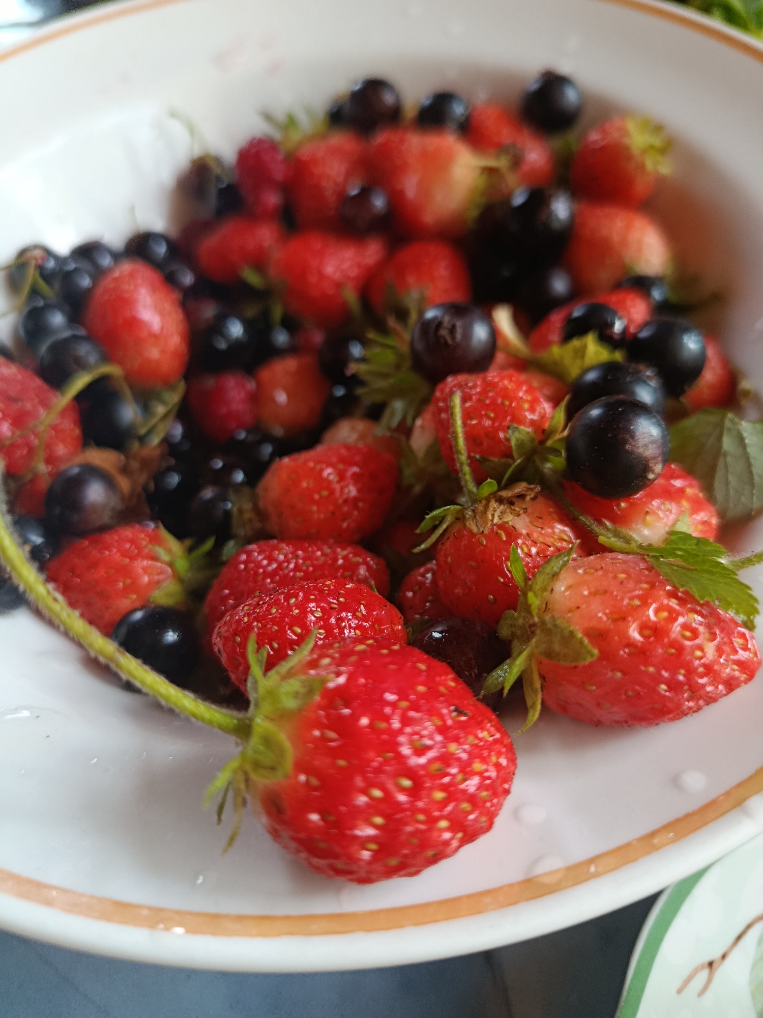 A close-up, slightly angled shot shows a bowl of fresh strawberries and blueberries. The bowl is white with a thin orange rim and is filled with an assortment of the berries, some with green stems and leaves still attached. The strawberries are bright red and appear plump, with their characteristic seeds visible. The blueberries are dark blue-black and round. The berries are densely packed, with some overlapping. The background is softly blurred, suggesting the bowl is on a surface. No people or specific location details are visible.