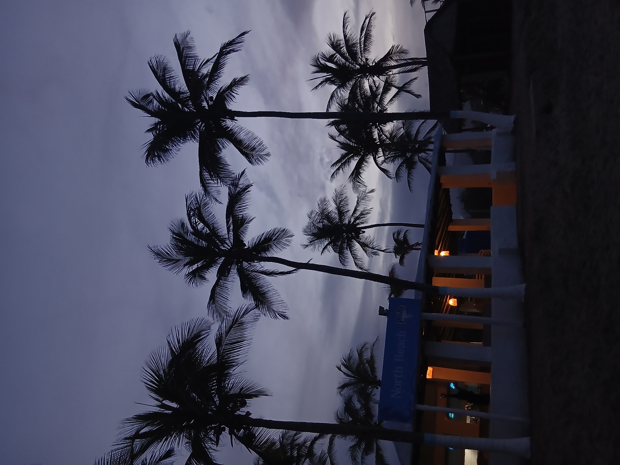 The image shows a nighttime scene in Playa Parguito, Venezuela. Silhouetted palm trees are visible against a dusky sky. A building with white pillars and warm interior lighting stands to the side. A blue sign reading "North Beach" is attached to the building. The ground is visible on the right side of the image. No people are clearly discernible, although there may be a figure in the illuminated interior of the building.