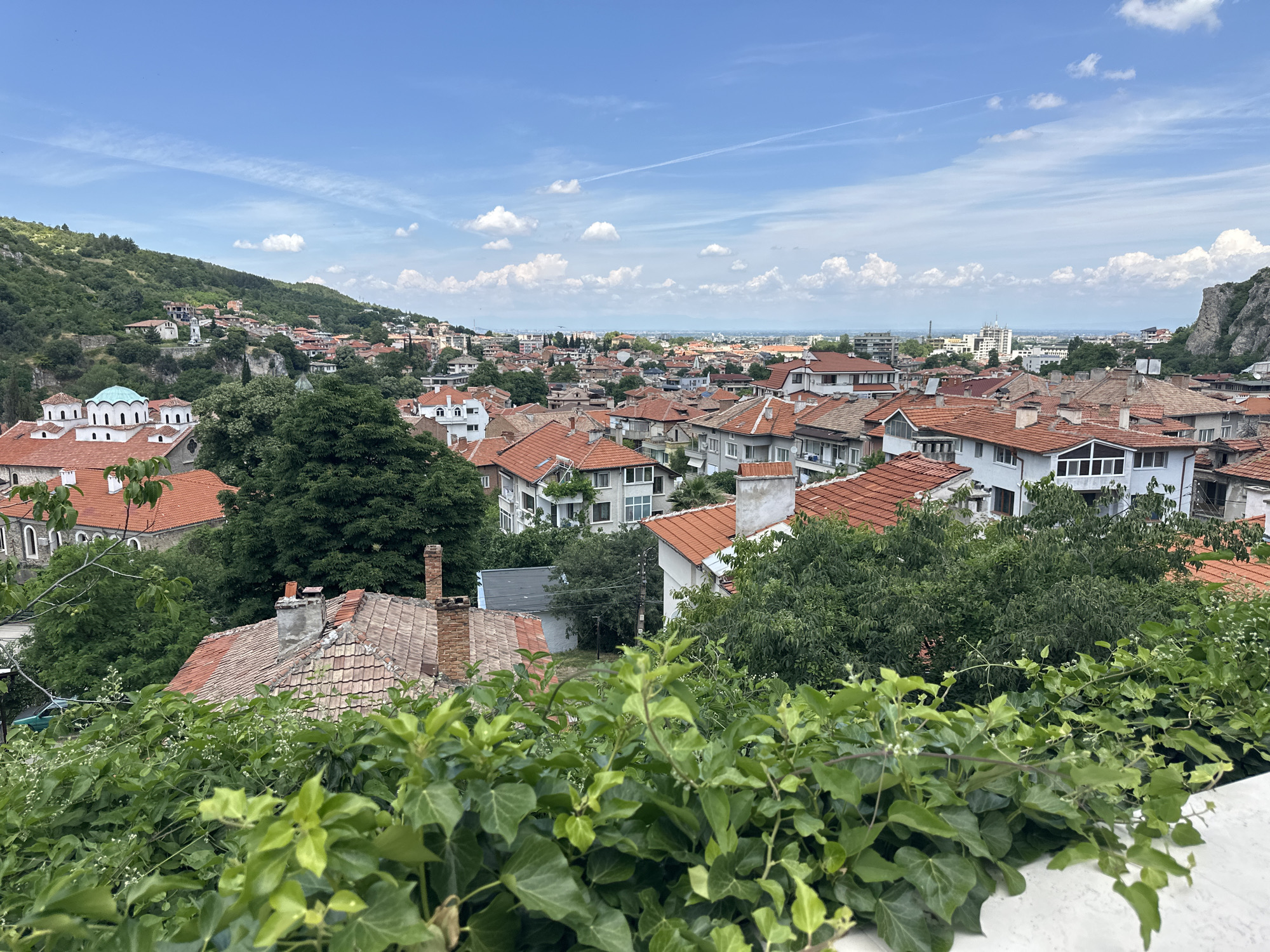 This is an aerial view of Asenovgrad, Bulgaria. The image captures a densely populated urban landscape with numerous residential buildings featuring red-tiled roofs. Lush green trees are interspersed throughout the city, and a verdant hillside covered in foliage rises in the background on the left. The sky is a bright blue with scattered white clouds. In the foreground, a thick growth of green ivy covers a white wall, partially obscuring the view of the city below. A prominent white building with a distinctive green dome is visible on the left side of the image, nestled among the trees. The overall scene depicts a sunny day in a European town.