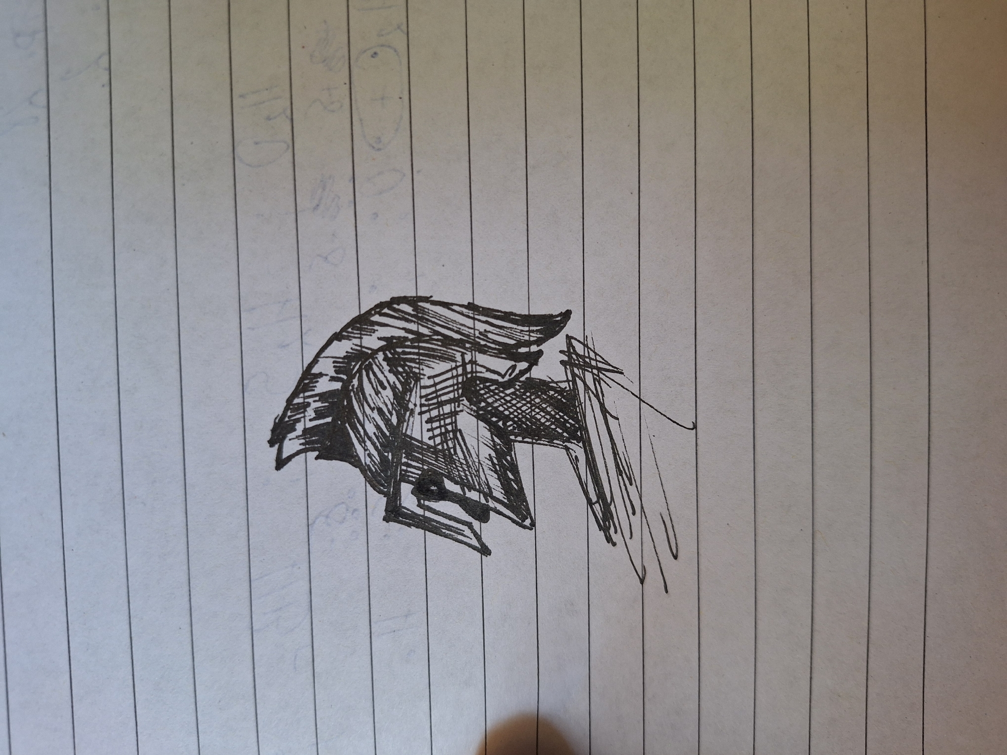 A pen-and-ink sketch of a Spartan helmet is drawn on lined paper. The helmet is depicted in profile, facing left, with a crest of feathers or hair. The drawing is detailed, showing shading and texture to represent the metal and ornamentation of the helmet. The paper itself is a page from a notebook, with horizontal blue lines visible across the surface. The background is plain, and no other objects or people are present in the image. There is no identifiable information within the image to suggest a location in Varna, Bulgaria.
