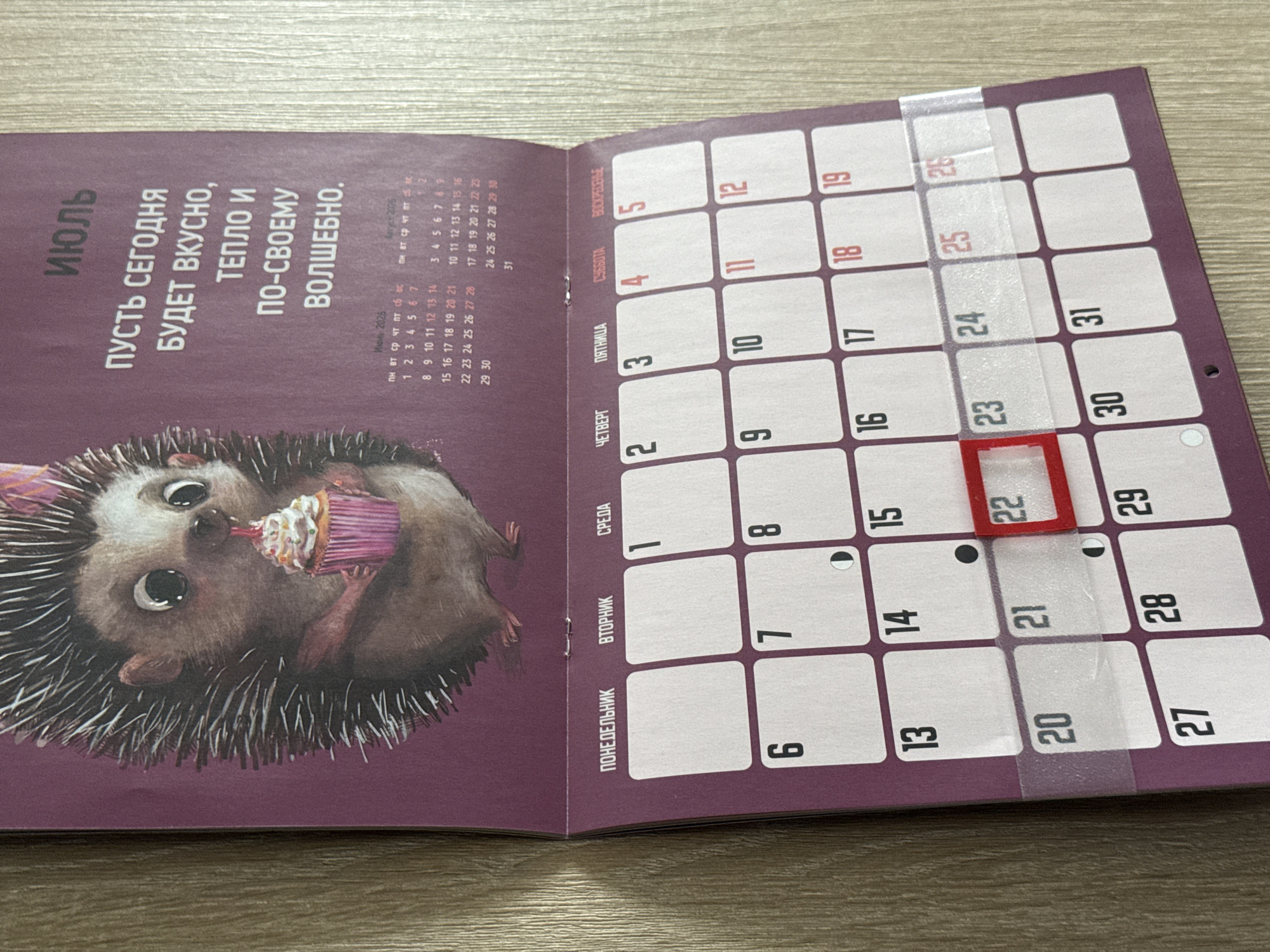 The image shows a calendar page for July. The calendar features a cartoon hedgehog holding a cupcake and a motivational quote in Russian that translates to "May today be delicious, warm, and magically yours." The calendar grid displays the days of the week in Russian, starting with Monday. The current date is highlighted with a red rectangle around the 22nd. The calendar is attached to a wall with a wooden texture. There are no people present in the image. The image is taken from a slightly elevated angle, looking down at the calendar. The overall impression is of a cozy and festive atmosphere, possibly in a home or office environment. The location is not specified in the image, and therefore it is not possible to determine if it is in Lyubertsy, Russia.