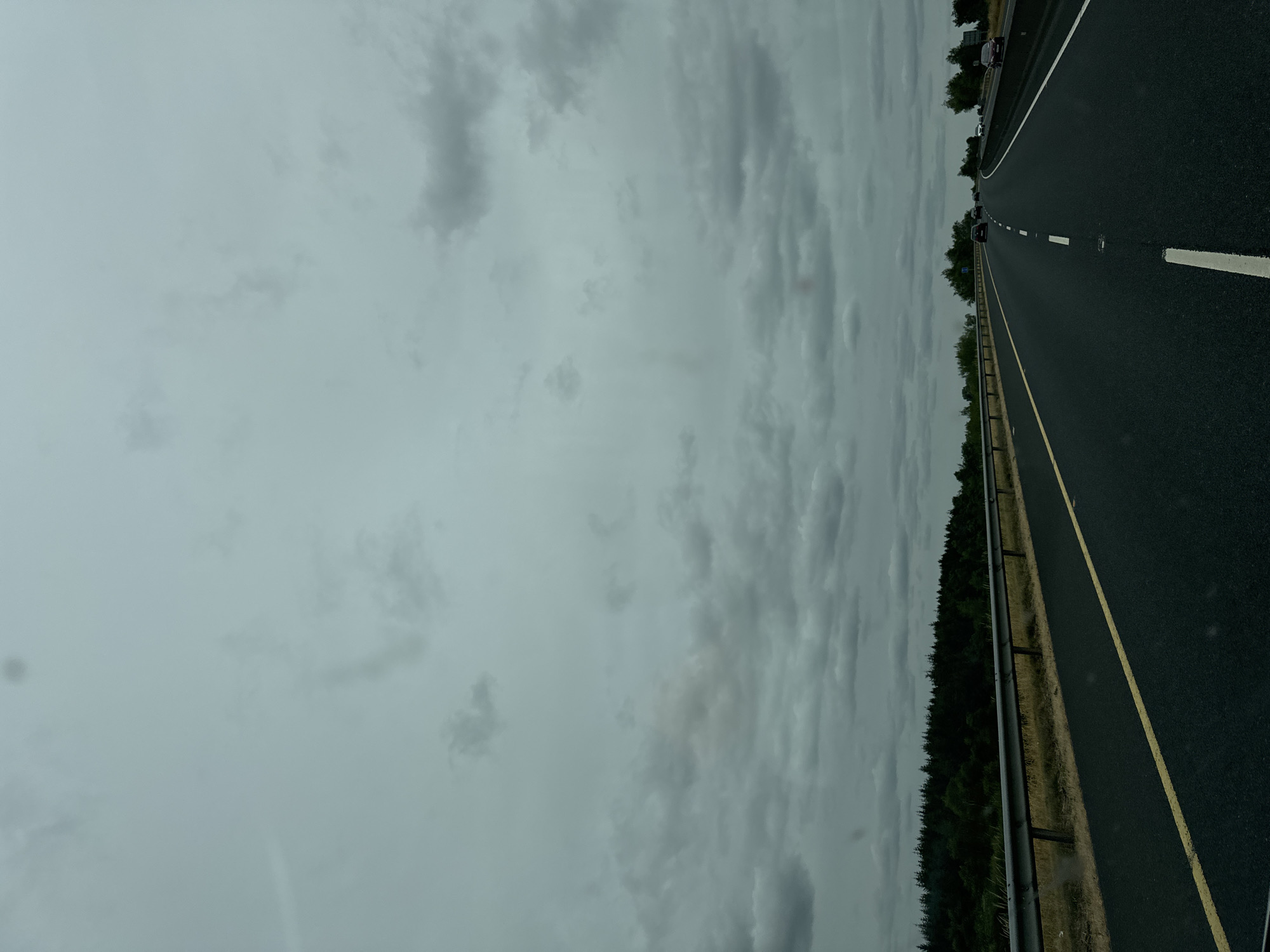 The image is a photograph taken from a moving vehicle on a highway, likely a motorway, in County Wicklow, Ireland, possibly near Dunlavin. The sky is overcast with a thick layer of grey clouds. On the left side of the road, there is a guardrail bordering a grassy verge and a dense line of dark green trees. The highway itself is asphalt, marked with a solid yellow line on the left and dashed white lines in the center. Several cars are visible on the road ahead, traveling in the same direction as the photographer. The overall atmosphere is dim due to the cloudy sky.
