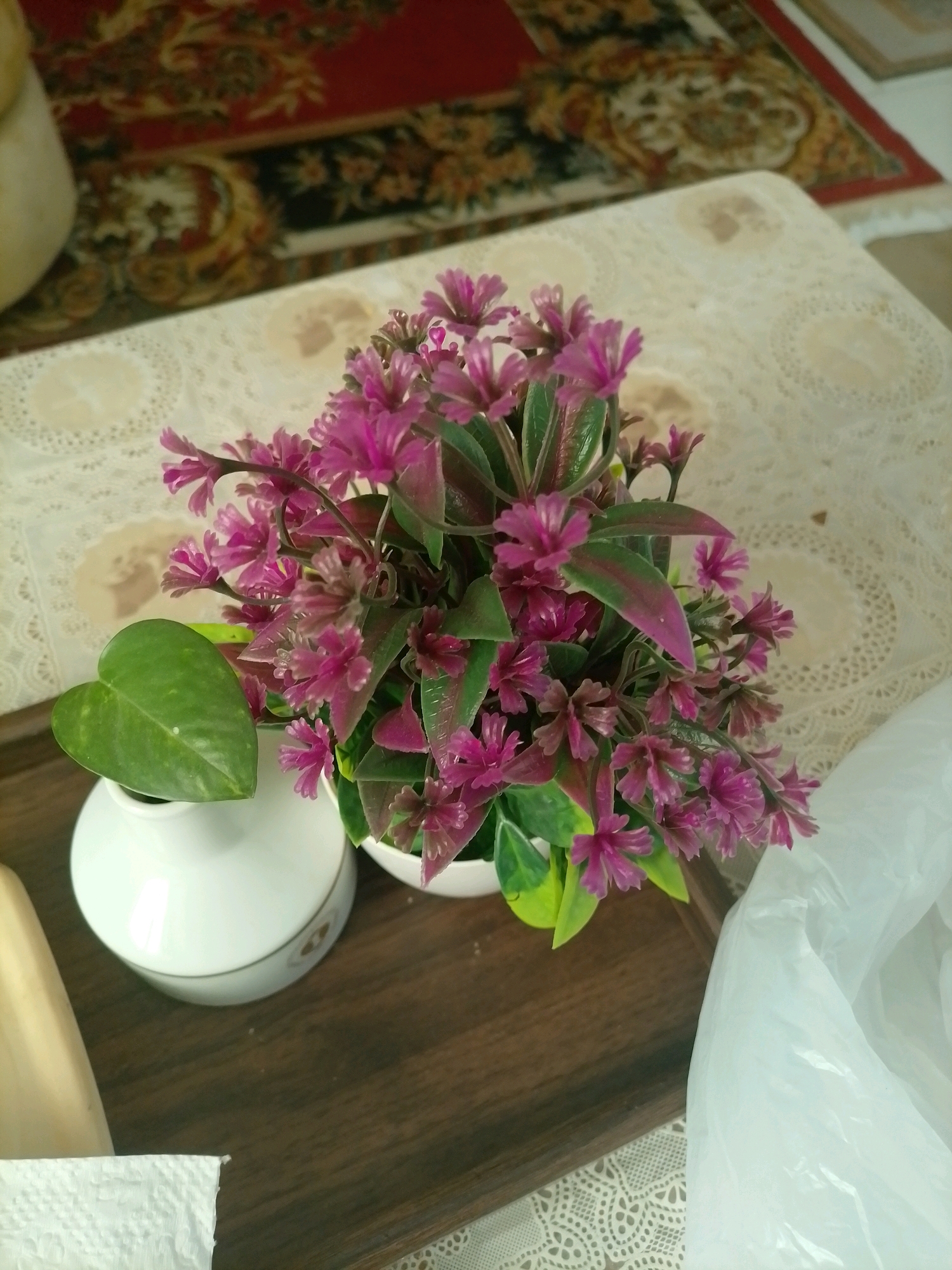The image shows a small potted plant with pink flowers and green leaves in a white vase, placed on a wooden tray. The tray is set on a patterned tablecloth, which in turn rests on a larger patterned rug. In the background, a red and gold patterned rug is visible. To the right of the potted plant, a crumpled white plastic bag is present. The scene appears to be indoors, likely in a home environment. There are no people or animals visible in the image, nor any indication of the specific location within Amman, Jordan. The lighting suggests it is daytime.