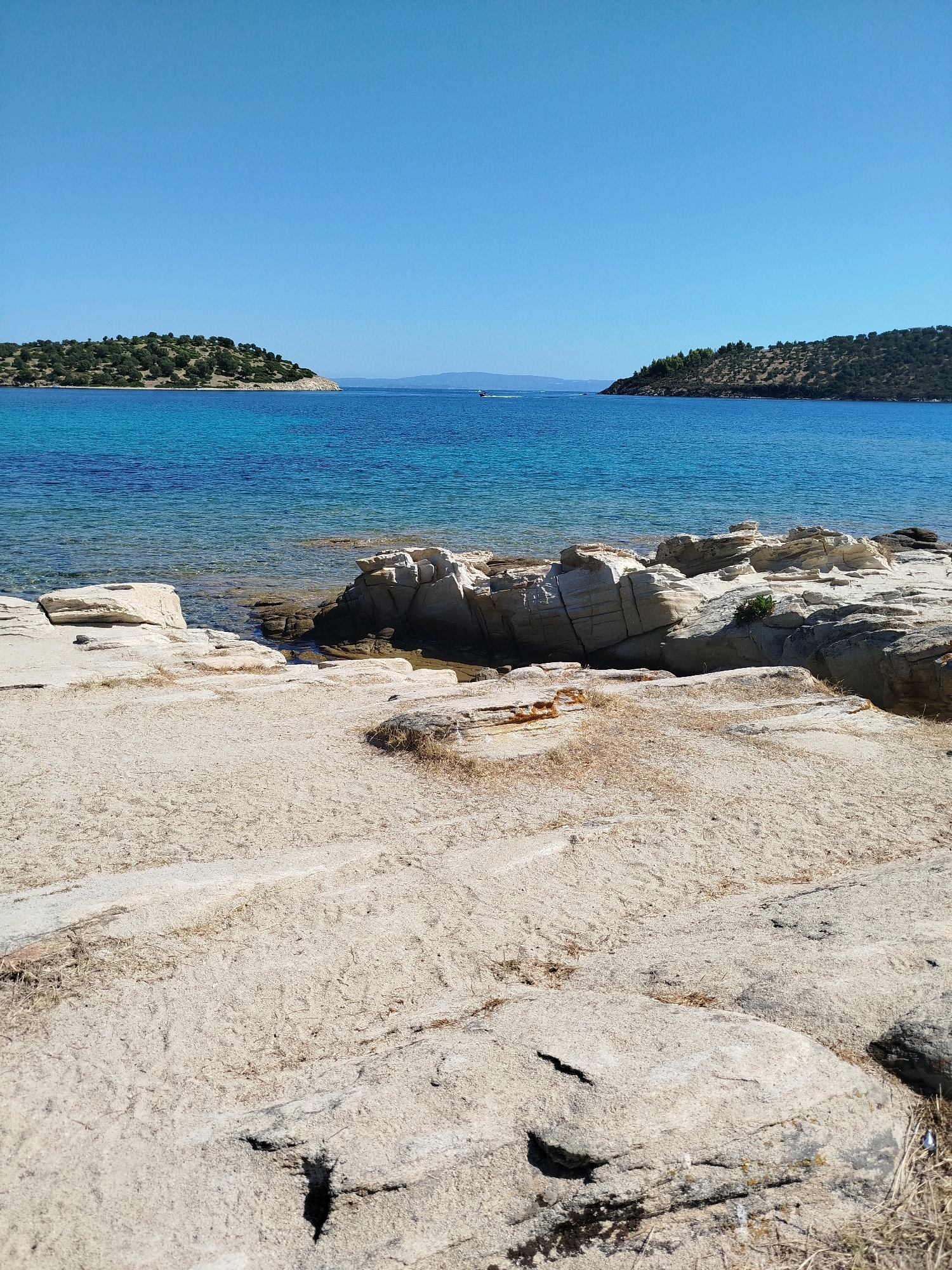 The image depicts a coastal scene in the Sithonia Municipal Unit, Greece. In the foreground, there is a sandy beach with large, light-colored rocks. The rocks are weathered and have a layered appearance, with some appearing cracked and broken. Dry grass and small shrubs are scattered among the rocks and on the sand.
The middle ground features the clear, blue-green waters of the sea. The water is calm, with sunlight reflecting off its surface, creating shimmering patterns. The transition from the sand and rocks to the water is gradual.
In the background, two tree-covered peninsulas or islands flank the water, creating a bay. The landmasses are covered with dense, green vegetation. The sky is a clear, vibrant blue with no clouds. A small, distant boat can be seen on the water between the two landmasses. The overall impression is one of a peaceful, natural coastal landscape.
