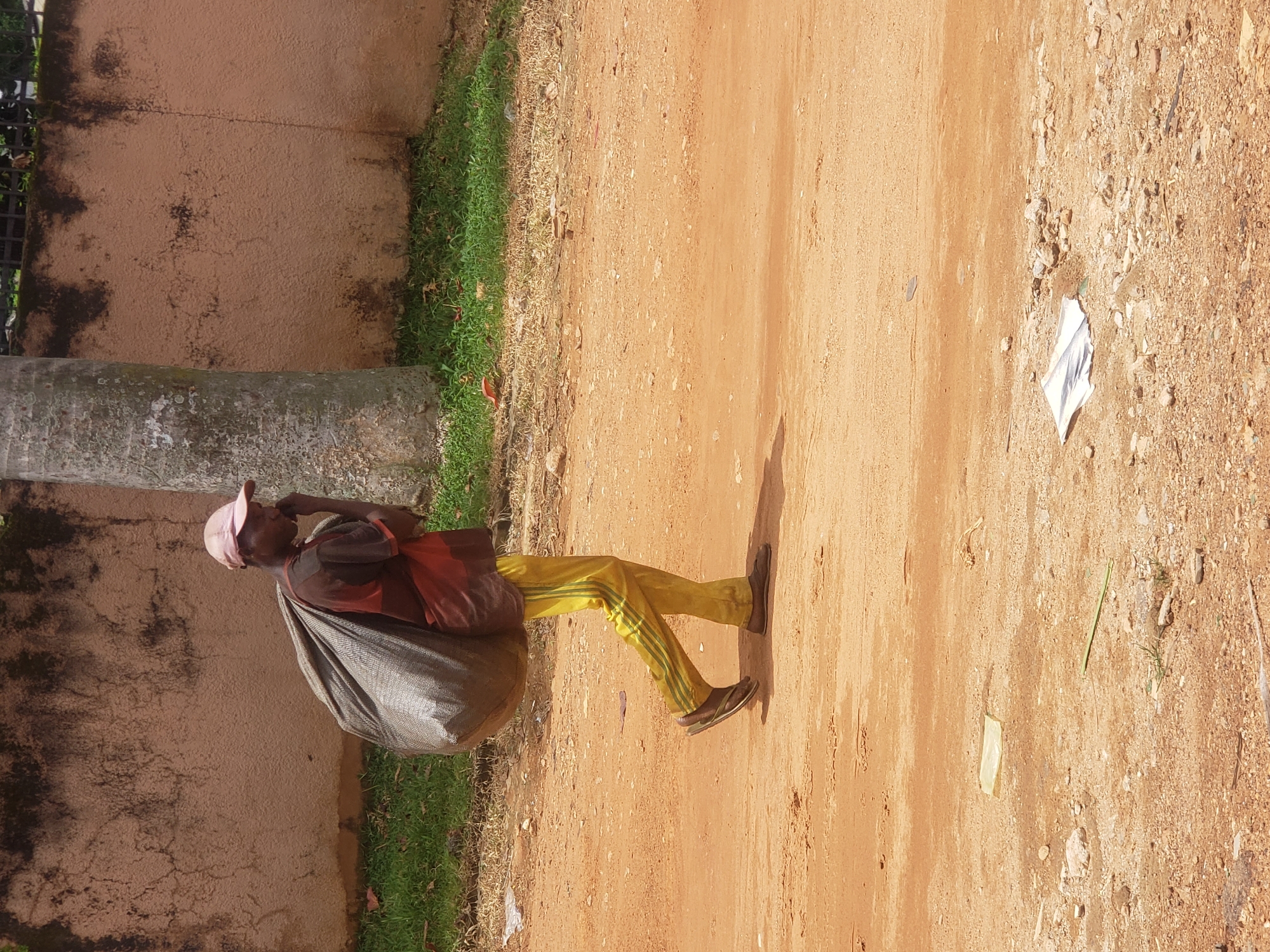 In Narayi, Nigeria, a person walks along a dirt road carrying a large sack over their shoulder. The individual is wearing a pink baseball cap, a dark shirt with red accents, and yellow pants with green stripes. They are also wearing dark sandals. The road is made of red earth and is littered with small stones and debris. To the left of the road is a patch of grass and a large tree trunk. Behind the grass is a textured, light brown wall. The sky is not visible.