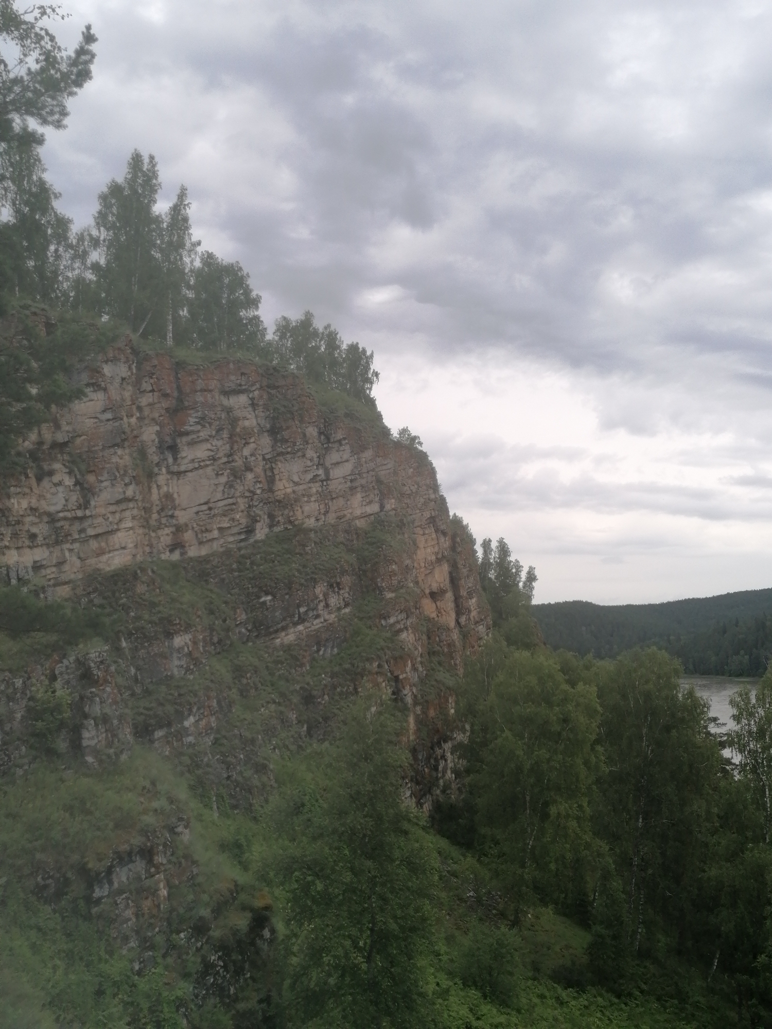 This is a full, eye-level shot of a rugged, rocky cliff face on a cloudy day. The cliff is covered in patches of green grass and vegetation. Trees, primarily birch with their distinctive white bark, grow along the top of the cliff and on the slopes leading down to a body of water visible in the distance. The sky is overcast with heavy, gray clouds. The location is the bank of the Katun River in the village of Lagerevo, Russia.