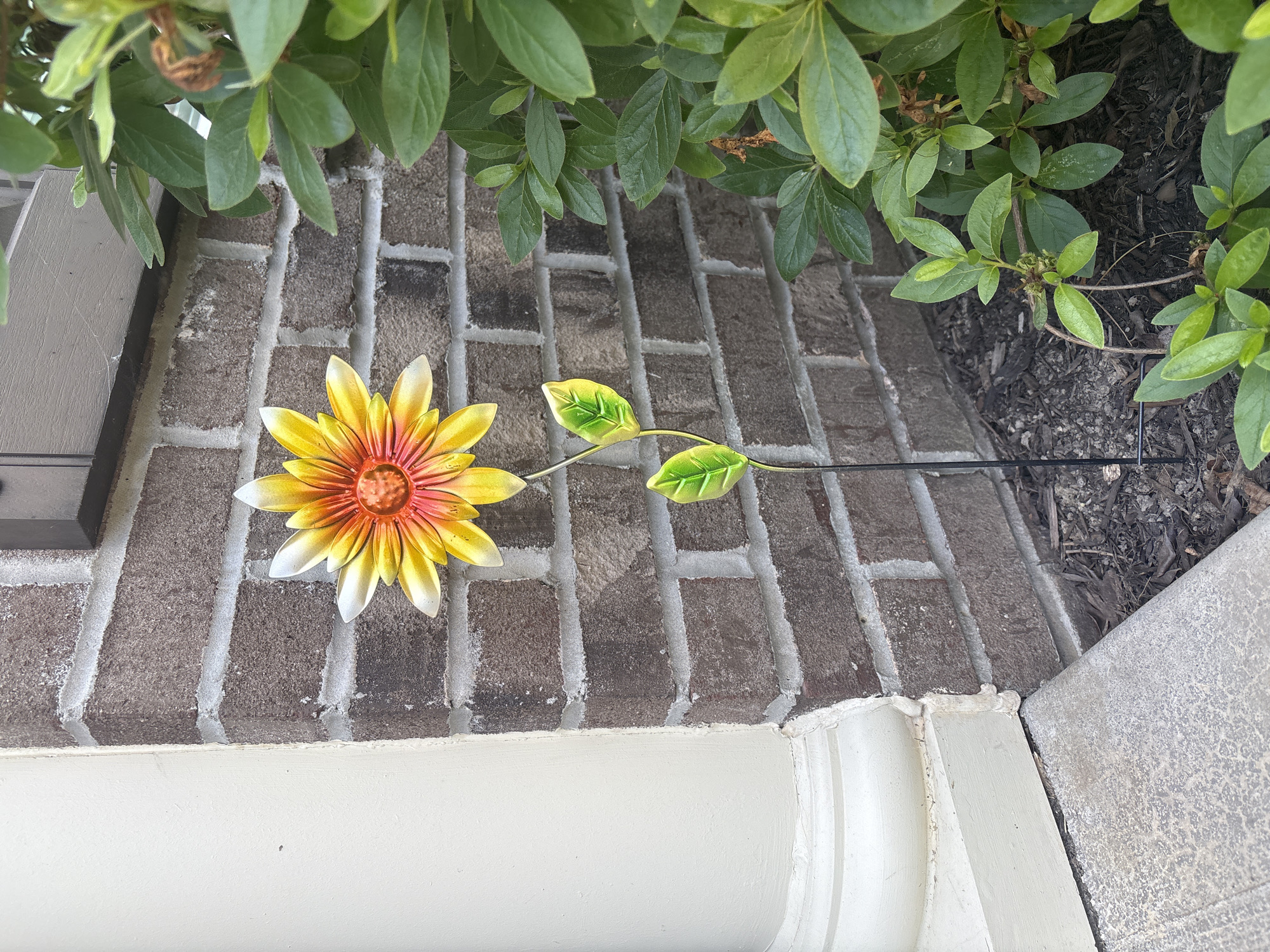 The image captures an outdoor scene featuring a decorative metal flower and surrounding landscaping elements. The primary subject is a vibrant metal flower, painted yellow with an orange and reddish-brown center, and two bright green metal leaves attached to a thin black stake. This stake is inserted into dark brown mulch visible on the right side of the frame.
Behind the flower and mulch is a brown brick wall with visible white mortar lines, suggesting the exterior of a building. Lush green foliage or bushes overhang the top portion of the brick wall, some leaves partially obscuring the view. Below the brick wall, a wide band of white trim or molding runs horizontally across the lower part of the image. To the far right, a light grey concrete or stone path is visible, abutting the white trim and the edge of the brickwork.
The perspective is a downward angle, making the ground, wall, and elements appear slightly tilted. The lighting suggests it is daytime, possibly with indirect sunlight, as there are no harsh shadows but the colors are bright and well-lit. There is no visible text. The scene depicts a well-maintained outdoor area, likely a garden bed adjacent to a building in Lancaster Township, United States of America.