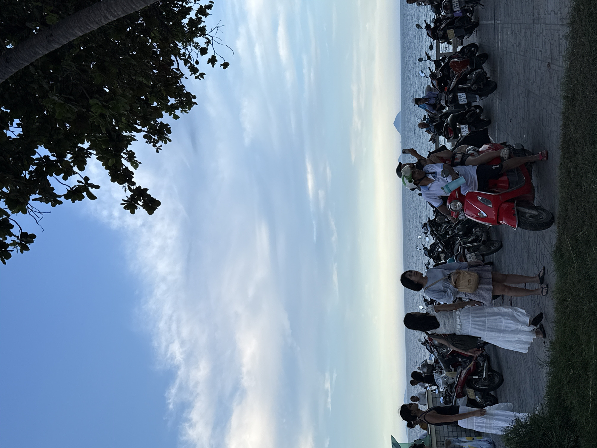The image depicts a scene along a waterfront in Nha Trang Ward, Vietnam. Several people are gathered near a row of parked motorcycles, which line a paved walkway adjacent to the sea. The sky is a light blue with wispy clouds, suggesting it is daytime, possibly late afternoon or early evening given the soft lighting. A large tree with dark green leaves is visible in the upper left corner, its branches casting shadows.
In the foreground, three women are standing and looking in different directions. One woman, wearing a light blue top and a patterned skirt, has a small yellow bag slung over her shoulder. Another woman is dressed in a white, flowing dress. The third woman is wearing a black tank top and a white skirt. In the background, more people are seen on or near motorcycles, and a red scooter is prominently featured with a person sitting on it, holding a water bottle and wearing a helmet. Another person is seated behind them, also on the scooter. A distant, hazy landmass or mountain is visible across the water. The overall mood appears relaxed, with people engaged in casual conversation or simply enjoying the view. The presence of numerous motorcycles suggests a common mode of transportation in the area.