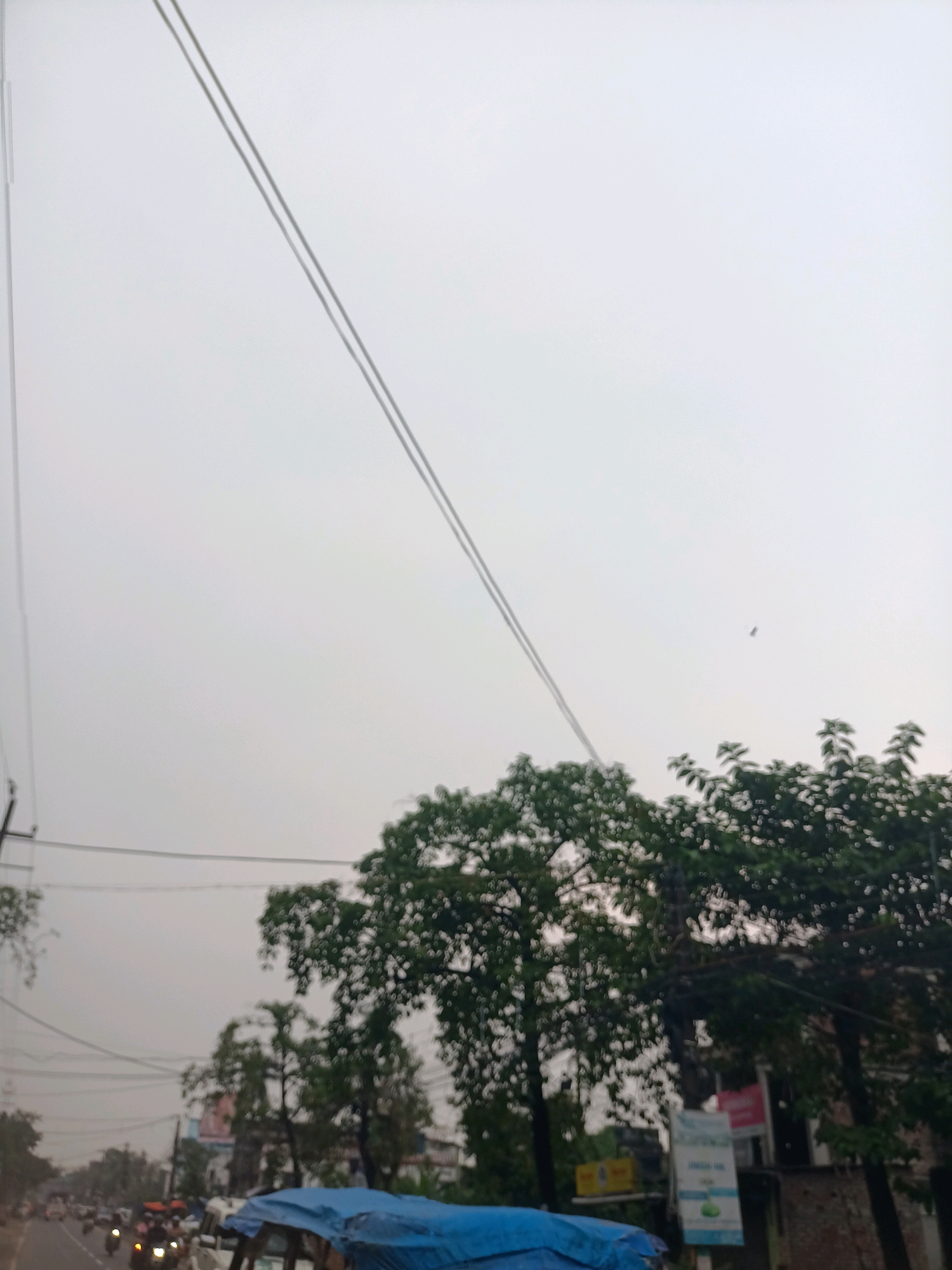 The image shows a street scene in Barrackpore, India, under an overcast sky. Two parallel power lines stretch across the frame from the left towards the upper right. A small, dark object, possibly a bird, is visible in the sky above the trees. In the lower half of the image, lush green trees are prominent, with some appearing to be on the side of the road. A street is visible on the left, with a line of vehicles, including motorcycles, moving along it. A blue tarp-covered object, possibly a cart or stall, is situated in the foreground. Buildings and signs are partially visible behind the trees and along the street. The overall impression is a busy urban environment on a cloudy day.