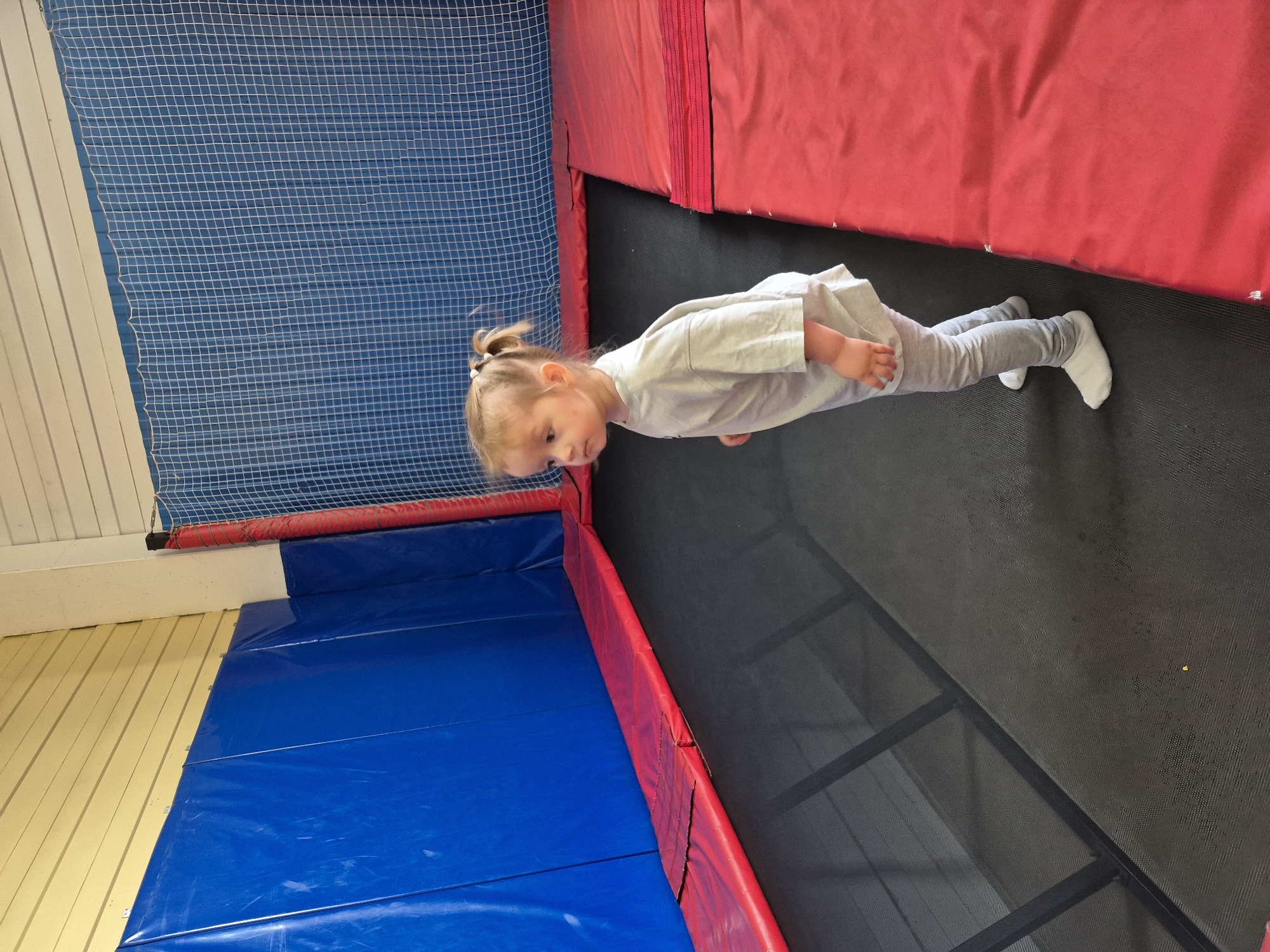 A young girl with blonde hair in a ponytail, wearing a light gray long-sleeved shirt and gray leggings, with white socks on her feet, is lying on a trampoline. She is looking down and to the left, with a curious expression on her face. The trampoline has a black mat and is surrounded by red padding. Behind the trampoline, there is a blue padded mat and a blue safety net. The background also shows a light-colored wooden wall and ceiling. The overall scene appears to be an indoor play area or trampoline park. The image is oriented vertically, with the girl positioned in the center. The lighting suggests it is daytime, and there are no indications of weather conditions. There is no visible text in the image.