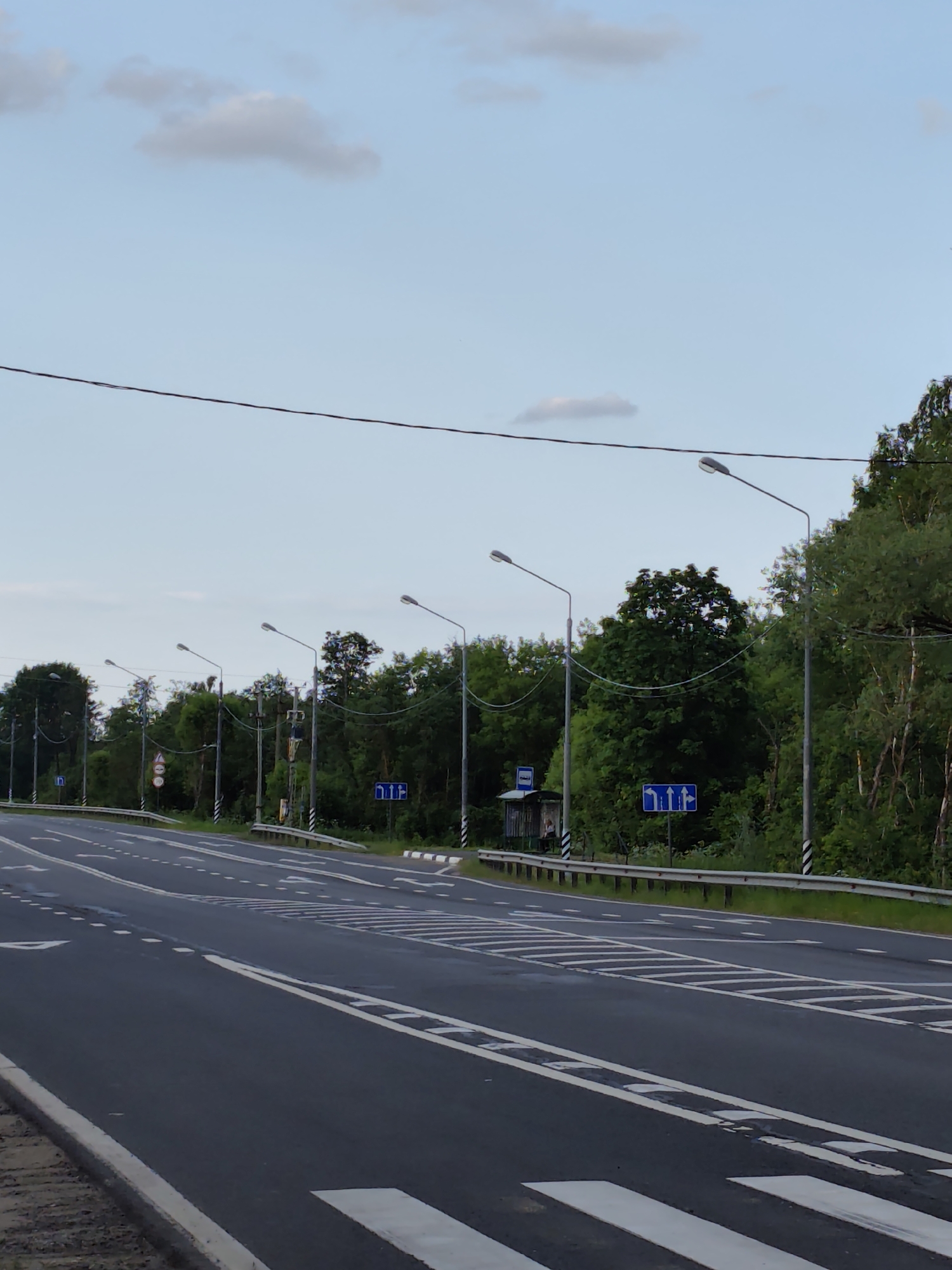 This is a vertical, eye-level shot of a paved road in Kopylovo, Russia, with a gentle curve to the left as it recedes into the distance. The road is marked with white lane lines and crosswalks. On the right side of the road, a metal guardrail separates the roadway from a grassy shoulder and a dense line of trees. Several streetlights with modern fixtures are spaced along the right side of the road. Further down the road on the right, a bus stop shelter is visible, accompanied by road signs. The sky above is a pale blue with scattered white clouds. There are no people or vehicles clearly visible in the frame, suggesting a quiet, possibly early morning or late evening scene. The overall impression is one of an ordinary, well-maintained road leading through a semi-rural or suburban area with abundant greenery.