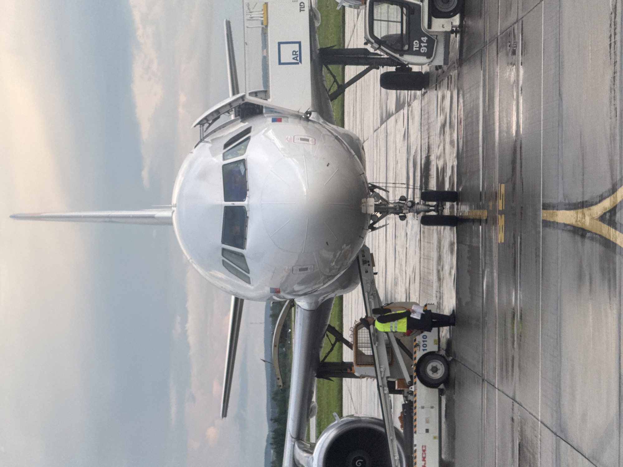 An airplane is parked on a wet tarmac, likely at Koltsovo International Airport in Yekaterinburg, Russia, under a cloudy sky. The front of the aircraft is prominent, with its cockpit windows visible and the passenger door open. A jet bridge is connected to the aircraft. A ground crew member wearing a high-visibility vest stands near a baggage loading cart positioned under the airplane's wing. Another ground vehicle, possibly a tug, is parked to the right of the aircraft. The tarmac is wet and reflects the sky.