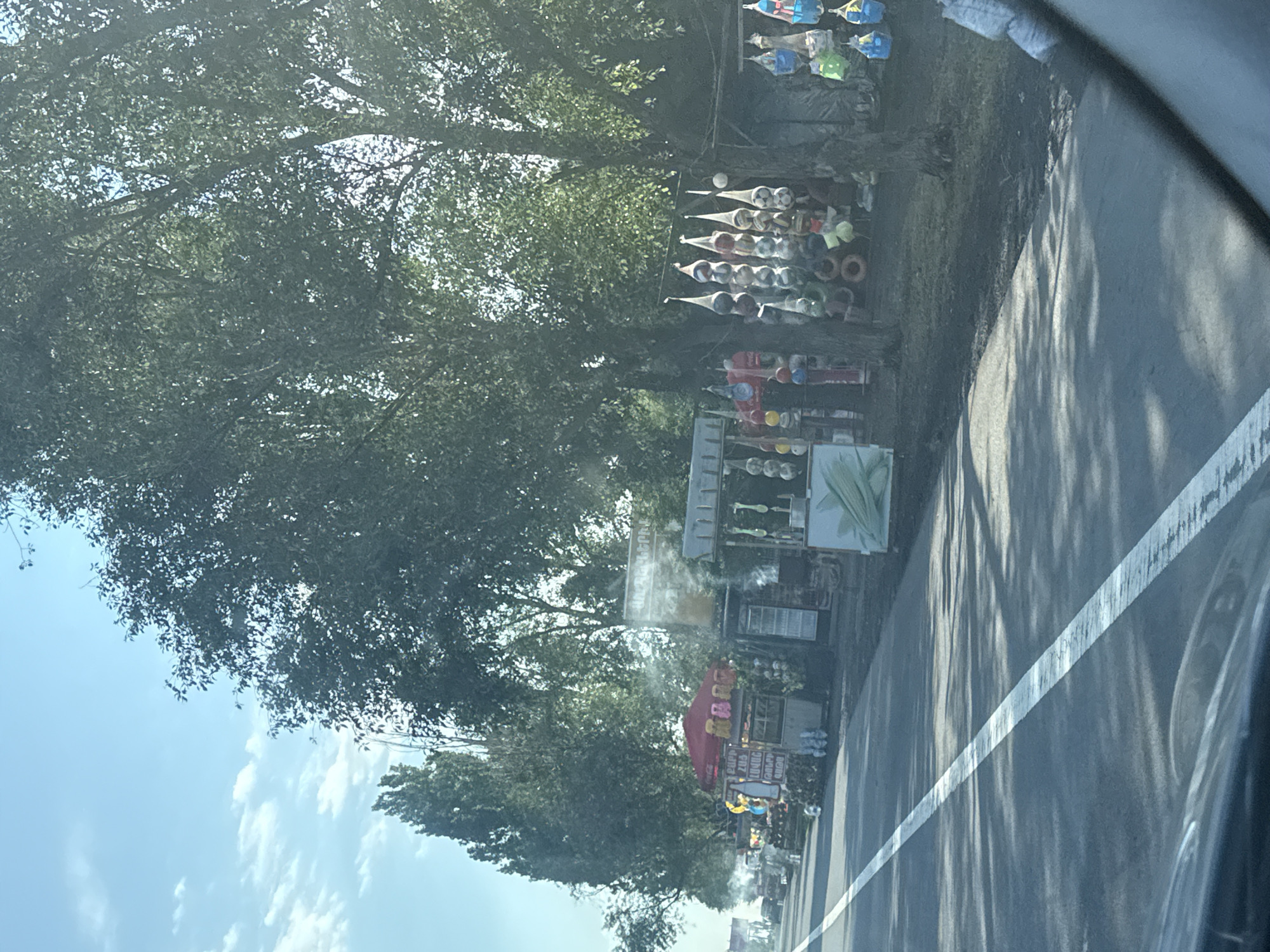 This is a landscape photograph taken from a vehicle, showing a roadside market along a paved road. The road has a white dividing line, indicating it is a two-way street. The market stalls are situated on the right side of the road, under the shade of large trees. The stalls appear to be selling a variety of goods, including what look like inflatable objects hanging from lines, possibly toys or beach items. Some stalls have signage, and there is visible steam rising from one of them, suggesting food preparation. The environment is outdoors, with a blue sky and scattered white clouds visible above the trees. The overall impression is of a sunny day in a rural or semi-urban area. The location is identified as Fantan, Armenia. No people are clearly visible in the image, though the presence of market stalls implies human activity.