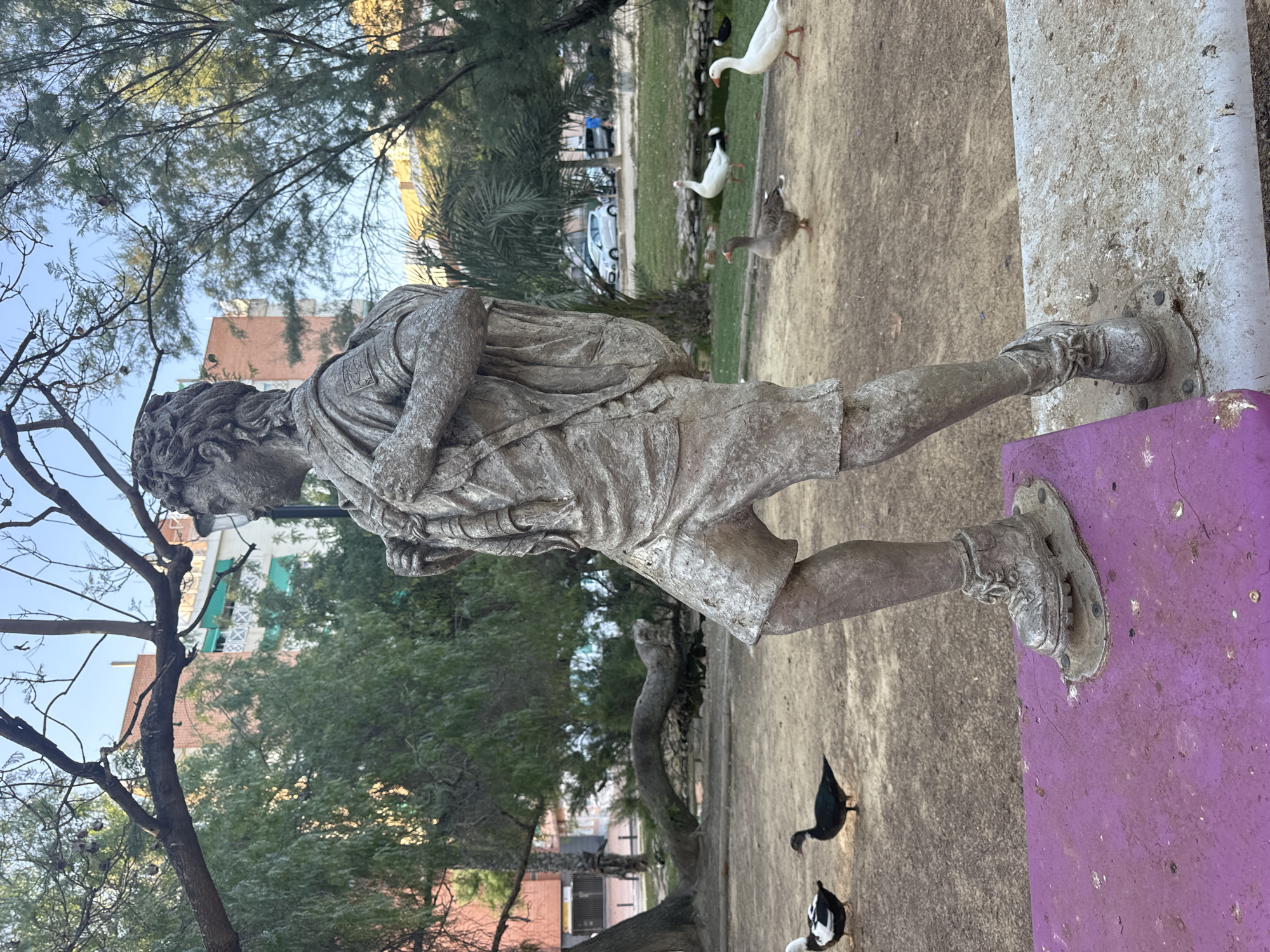 The image shows a bronze statue of a young person, likely a boy, with a backpack. The statue is standing on a pink platform in a park setting. In the background, there are trees, buildings, and several ducks and geese. The statue appears to be located in the Jardín de laillo, a park in the city of Murcia, Spain. The statue depicts the figure in mid-stride, with their head turned to the left. The backpack is slung over their shoulders, and they are wearing shorts and hiking boots. The ducks and geese are scattered throughout the park, with some near the statue and others in the background. The buildings in the background suggest an urban environment surrounding the park.