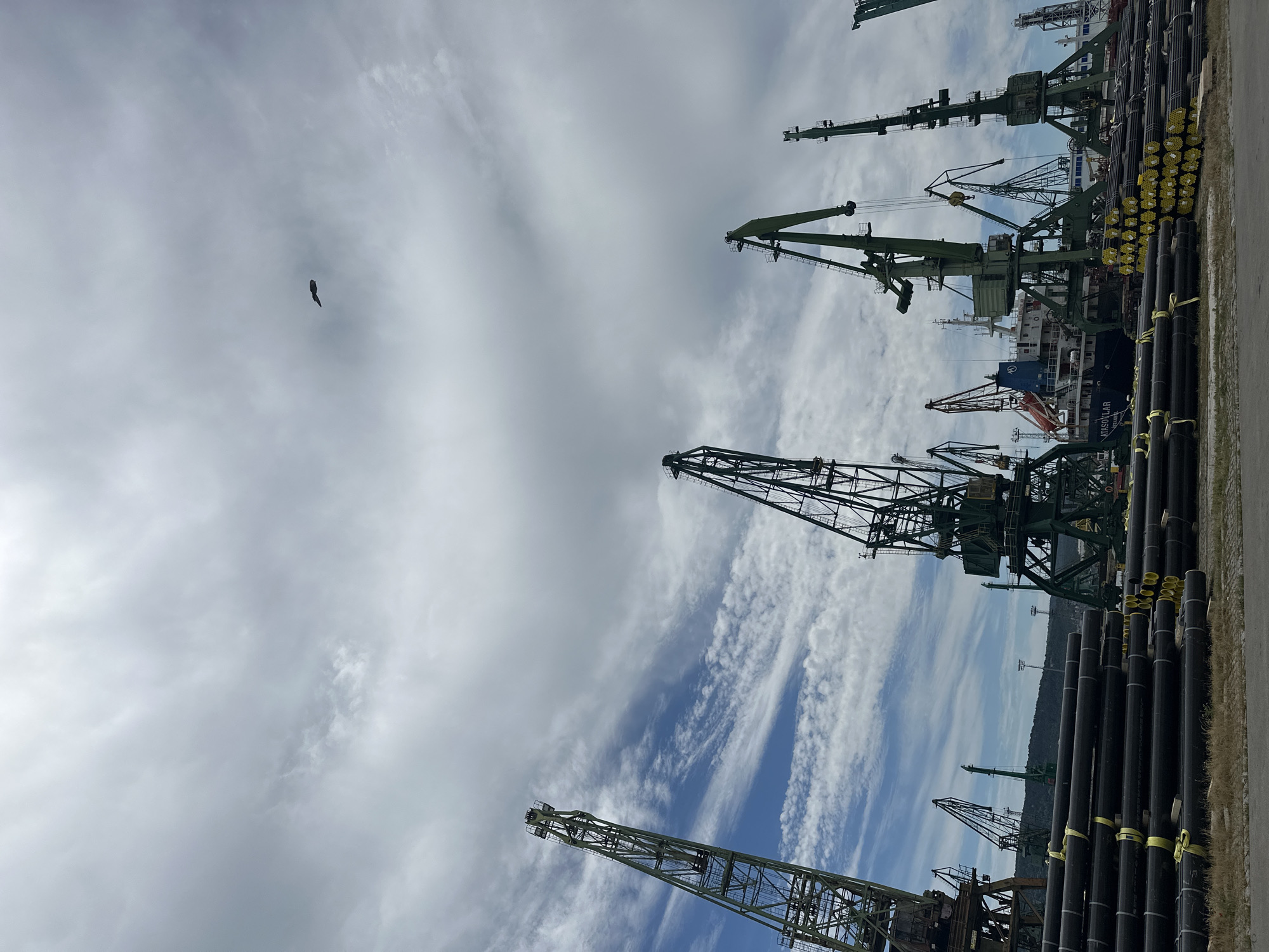The image shows a wide shot of a port with several large industrial cranes visible against a cloudy sky. The cranes are various shades of green and brown, with some of them appearing quite old and weathered. In the foreground, a large pile of black pipes with yellow bands are stacked vertically. A ship is visible docked in the background, partially obscured by the cranes. The sky is a mix of blue and white clouds, suggesting it is daytime. The overall impression is one of an active industrial area. One crane is labeled with text, but it is illegible.