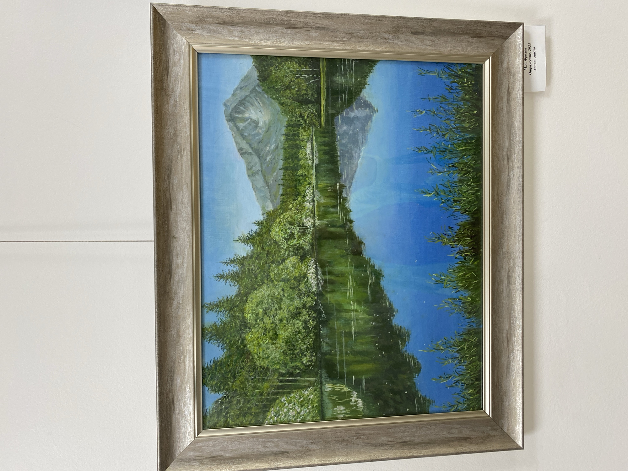 This is a photograph of a framed oil painting depicting a serene mountain lake landscape. The painting showcases a vibrant blue sky above a calm body of water, perfectly reflecting the surrounding lush green trees and a majestic mountain in the distance. The foreground features tall, green reeds growing along the edge of the lake. A small, white label is affixed to the bottom right corner of the frame, indicating the artwork's title as "Отражение" (Reflection), the artist as "М.А. Фролов," the year as "2025," and the medium as "холст, масло" (canvas, oil). The painting is displayed on a white wall, likely in an art gallery or exhibition space. There is no indication of its specific location within the city of Ivanteyevka, Russia, beyond the implied presence of an exhibition in that city.
