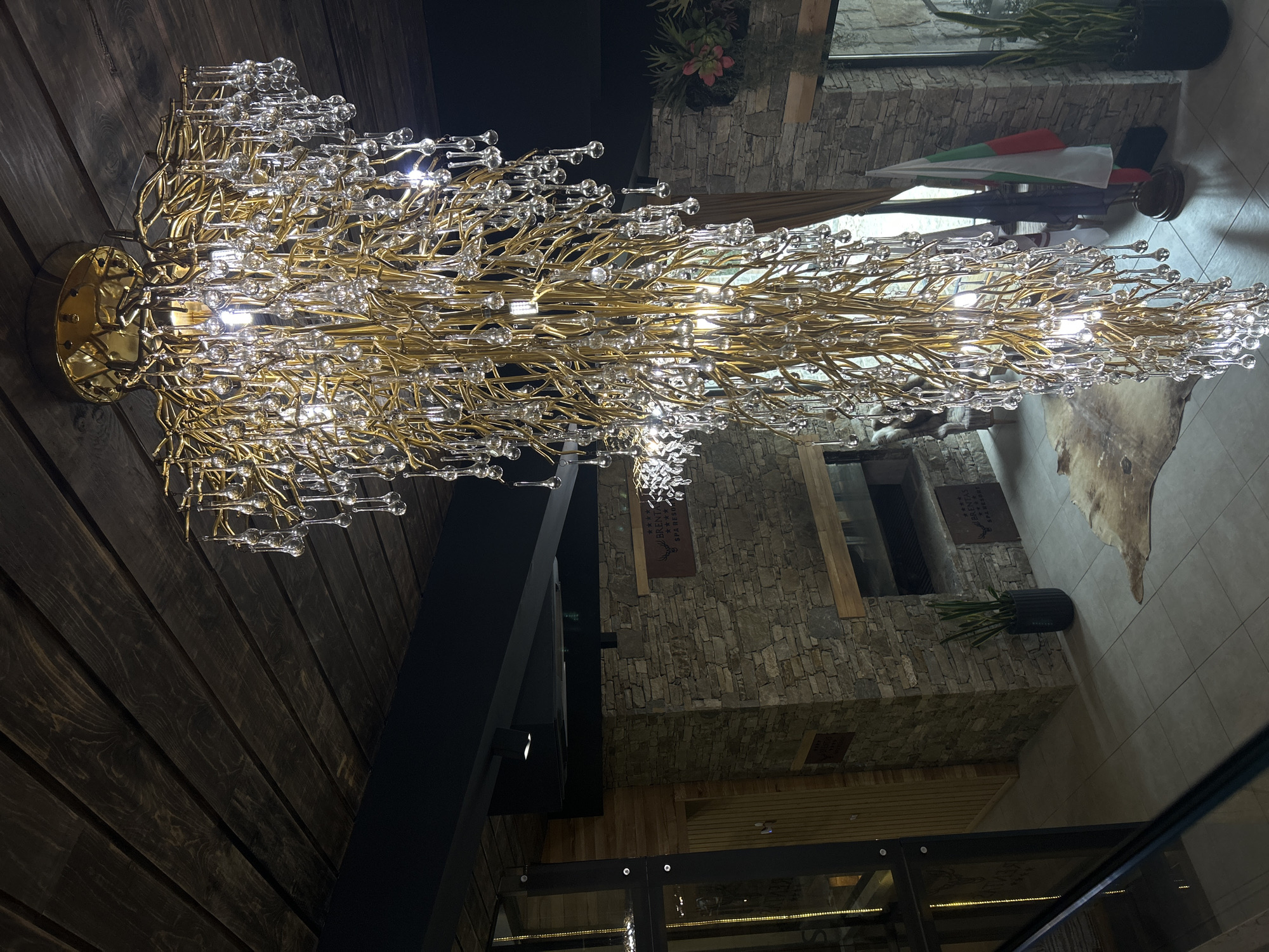 The image captures the interior of a building, possibly a lodge or resort, featuring a prominent, elaborate chandelier hanging from a dark wooden plank ceiling. The chandelier is made of gold-colored metal branches adorned with numerous clear, tear-drop shaped glass elements, reflecting light.
Below the chandelier, the space has walls constructed from rough-cut stone. A large stone fireplace or hearth is visible on one wall, with a wooden mantelpiece. A rug, appearing to be an animal hide, lies on the tiled floor in front of the fireplace. To the right of the fireplace, a large potted plant with long, slender leaves stands on the floor. Further to the right, three flags are displayed on stands; one is the Bulgarian flag, with its white, green, and red horizontal stripes. Another flag is dark colored, and a third is partially visible.
To the left of the stone wall, a section of the building shows wooden paneling and a large glass-fronted structure, suggesting an entrance or a display area. The overall ambiance is rustic yet elegant, with natural materials like wood and stone dominating the design. The location is identified as the city of Batak, Bulgaria. There are no people visible in the image.