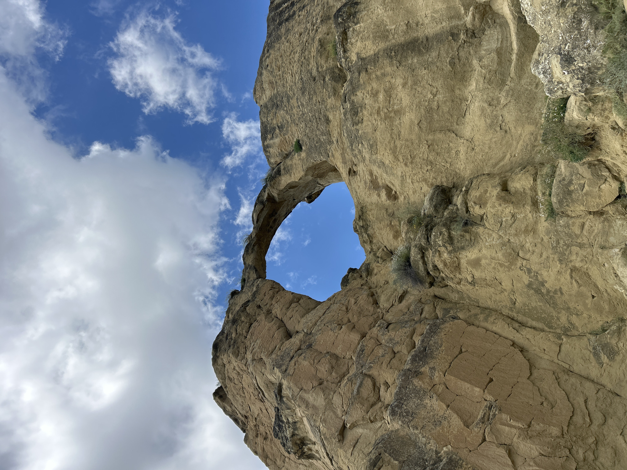 An upward-angled shot captures a natural rock arch against a bright blue sky dotted with white clouds. The arch is formed from weathered, tan-colored rock with visible strata and rough textures. Sparse green vegetation clings to the rock face in places. The opening of the arch frames the sky, offering a glimpse of the blue expanse beyond. The rock formation dominates the frame, with the sky occupying the upper portion of the image.