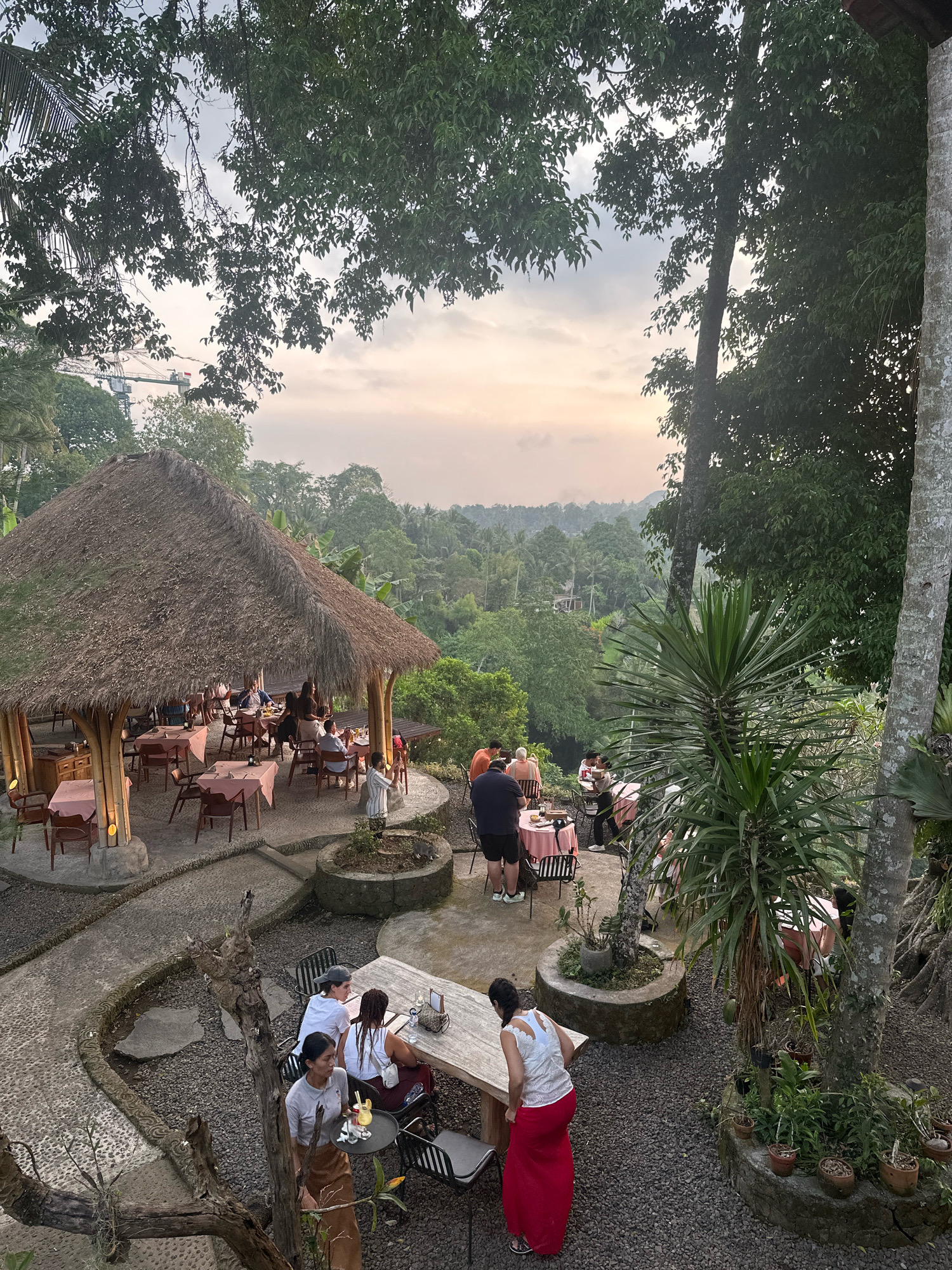 The image depicts an outdoor dining scene at dusk, with a thatched-roof structure providing shelter for several tables and patrons. The restaurant is nestled within a lush, green landscape, suggesting a natural or tropical setting. The sky is overcast with soft, diffused light, indicating either sunrise or sunset.
In the foreground, a server carrying a tray with drinks walks past a wooden table where two women are seated. One woman, wearing a white top and a red skirt, is leaning over the table, while the other, in a white top and a gray cap, faces away from the camera.
The thatched-roof structure, supported by bamboo-like pillars, contains multiple tables with pink tablecloths, each set with chairs. Several groups of people are dining or conversing at these tables. Some individuals are clearly visible, while others are partially obscured.
Beyond the immediate dining area, the environment opens up to a valley or ravine filled with dense vegetation and trees. The background displays rolling hills covered in greenery, with a hazy, atmospheric quality. In the far distance, a crane and some construction are visible, contrasting with the natural scenery. The ground is covered with gravel and interspersed with pathways and potted plants. The overall impression is a serene, open-air dining establishment integrated with its natural surroundings.