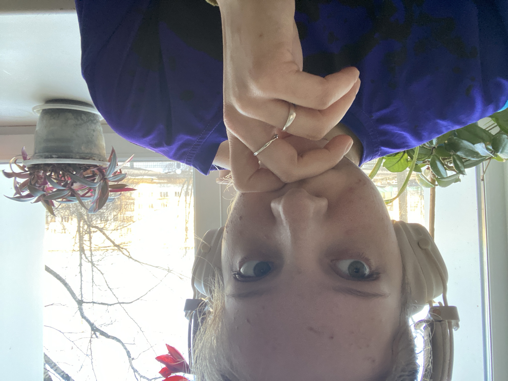 An upside-down selfie shows a person wearing headphones and a blue shirt with black patterns. The person's hands are raised toward their face, adorned with silver rings. In the background is a window with a view of buildings and bare tree branches. Two potted plants, one with pink-tinged leaves and another with green leaves, are visible on either side of the window. The location is Unknown, Unknown.