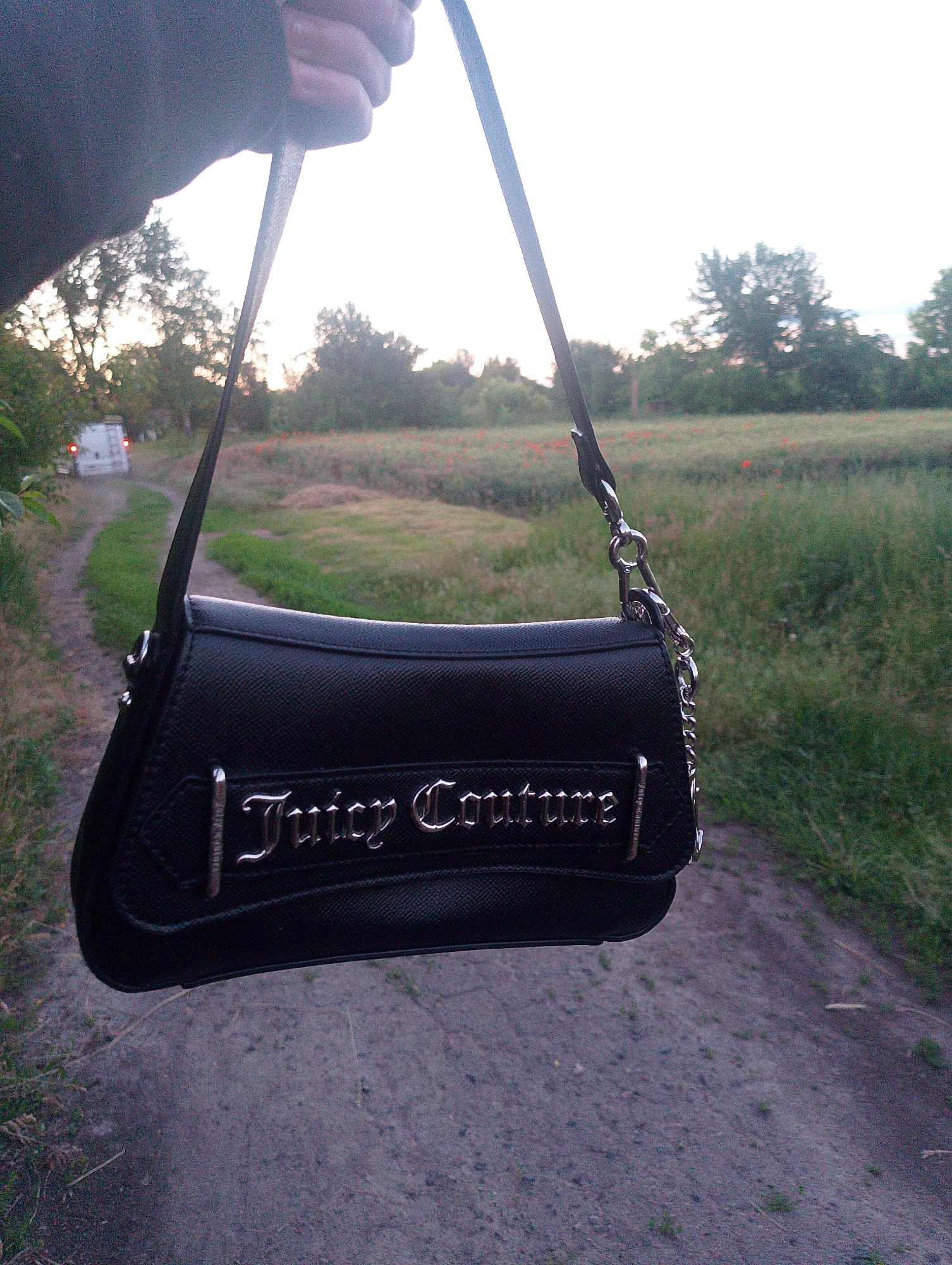 An outdoor, eye-level, medium shot captures a person's left hand holding a black "Juicy Couture" purse. The purse is a small, rectangular shoulder bag with a silver chain strap and silver hardware. The "Juicy Couture" logo is embossed in silver lettering on the front of the purse. The background is a rural landscape featuring a dirt road, a field of tall grass and poppies, and trees. A white van with red taillights is visible in the distance on the dirt road, suggesting movement. The sky is overcast, indicating a late afternoon or early evening setting. The overall impression is one of a casual, outdoor scene in a Ukrainian countryside.