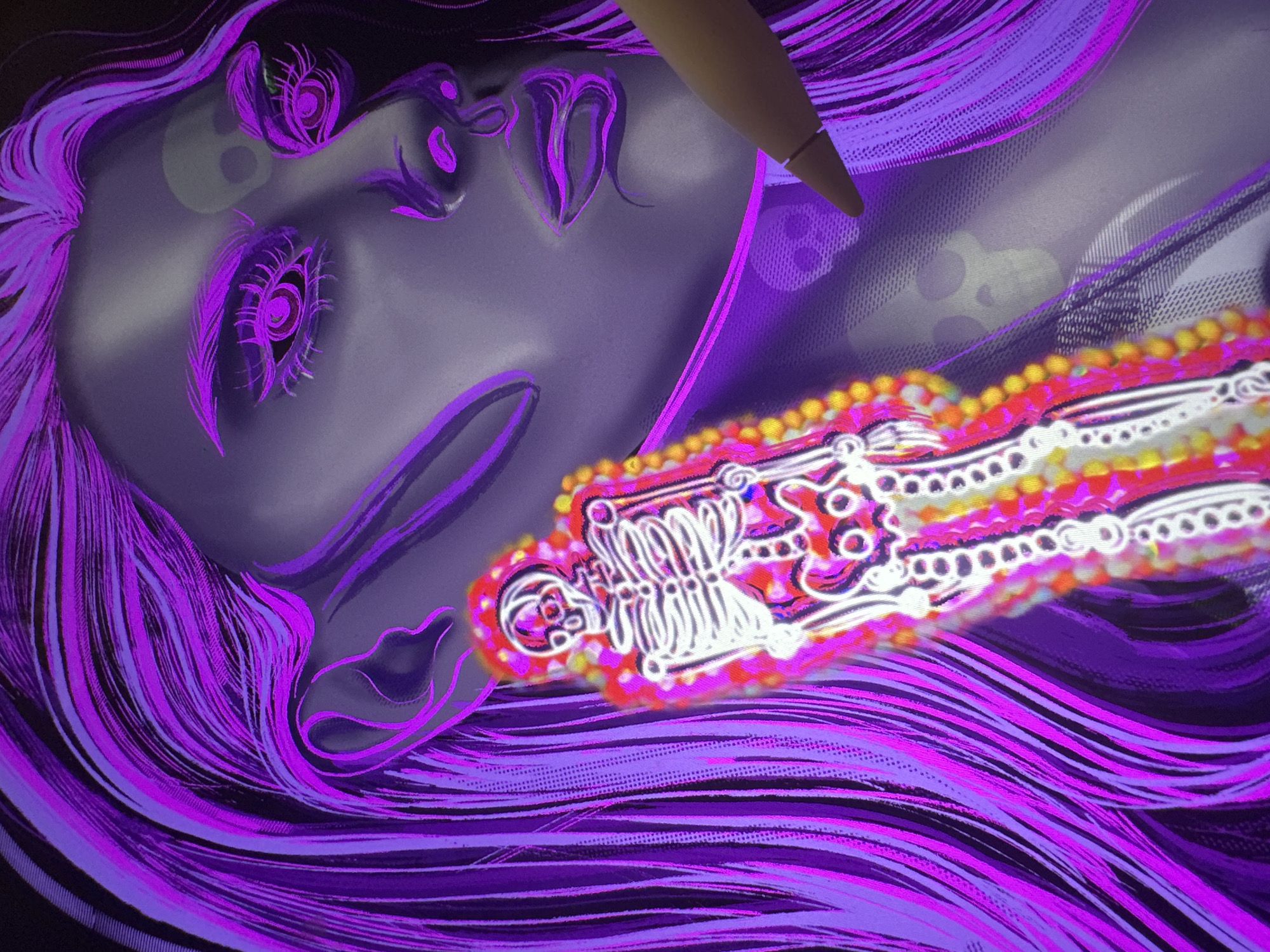 The image displays a close-up, digital art portrait of a person's face rendered in shades of purple and pink. The subject has long, flowing hair in vibrant purple and pink hues, with individual strands clearly defined. The eyes are a prominent feature, outlined in bright purple with exaggerated lashes. Subtle skull motifs are visible in the background, hinting at a dark or macabre theme. In the foreground, a stylized, neon-like depiction of a human skeleton is superimposed, glowing with white, pink, and yellow light. A stylus, likely used for digital drawing, is visible at the lower right, touching the surface of the artwork. The overall aesthetic is futuristic and artistic, with a focus on neon lighting and a skeletal motif. The location is not specified within the image.