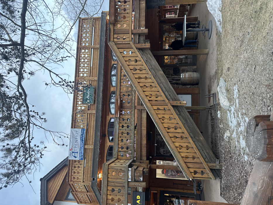 The image displays the exterior of a multi-story, wood-clad building identified as "The Alpenhof" and "Alpenhof Bistro," located in Wilson, Wyoming, United States of America. The structure features multiple elevated wooden balconies with railings characterized by repetitive heart-shaped cutouts. A blue banner on the uppermost balcony reads "THE Alpenhof We are Open Upstairs at the Bistro for Breakfast, Lunch and Dinner." A green sign stating "Alpenhof Bistro" is affixed to the second-level balcony railing.
A prominent exterior wooden staircase, designed with matching heart-cutout railings, ascends from the ground level to the first-floor balcony. On the ground level, a metal bicycle rack is positioned to the left of the staircase. To the right of the staircase, a black metal high-top table is present. Two large wooden barrels stand near doorways on the ground floor.
Three individuals are visible. One individual stands near a doorway on the far left, wearing a light-colored jacket. Two other individuals are standing near the high-top table on the right; one wears a dark jacket, and the other is partially obscured behind them.
The ground consists of exposed earth, patches of dry grass, scattered rocks, and irregular remnants of snow. Bare tree branches with small cones or seeds extend across the upper portion of the frame against an overcast, light gray sky.