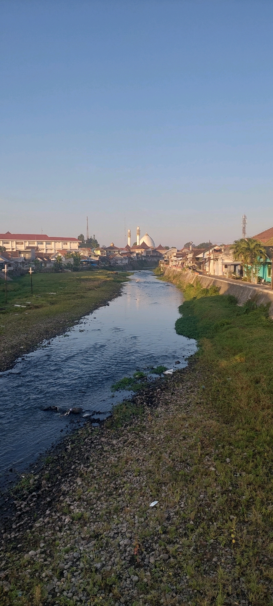 The image shows a river flowing through a town. The riverbanks are lined with grass and stones. On the left bank, there are some buildings and greenery. On the right bank, there are more buildings, a road, and some palm trees. In the distance, a large mosque with white domes and minarets is visible. The sky is clear and blue. The scene appears to be captured during the daytime, with soft sunlight illuminating the area. This view is consistent with a section of the Jatiroto River in Lumajang, Indonesia, specifically near the city center.