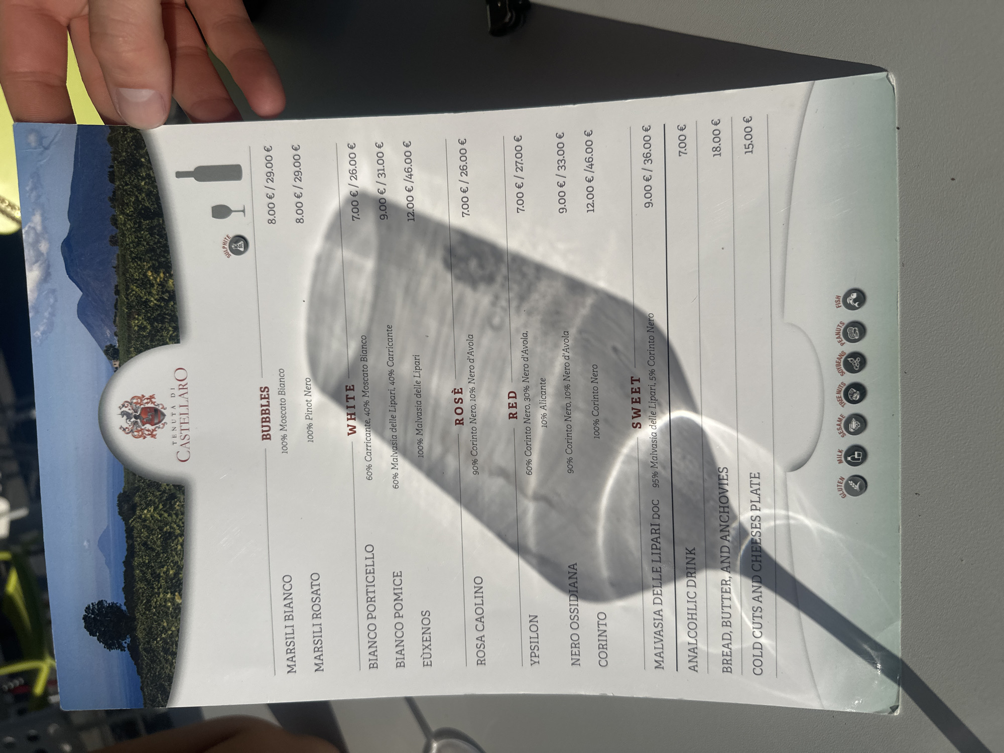 A close-up, slightly angled shot shows a wine menu from "Tenuta di Castellaro" resting on a grey, textured outdoor table, likely in Lipari, Italy. A person's fingers are visible at the top, holding the menu. The menu's background features a vibrant green vineyard landscape with a distant mountain under a clear blue sky, suggesting bright daylight.
The menu is divided into sections for various wines: "Bubbles," "White," "Rosè," "Red," and "Sweet." Each wine entry lists its name, grape composition, and prices for a glass and a bottle. Notable white wines include Bianco Porticello, Bianco Pomice, and Euxenos, featuring Moscato Bianco, Carricante, and Malvasia delle Lipari grapes, with prices ranging from 7.00 € / 26.00 € to 12.00 € / 46.00 €. Red wines like Ypsilon, Nero Ossidiana, and Corinto primarily use Corinto Nero, Nero d'Avola, and Alicante grapes, with prices from 7.00 € / 27.00 € to 12.00 € / 46.00 €. The "Sweet" section highlights Malvasia Delle Lipari DOC at 9.00 € / 36.00 €.
Beyond wine, the menu lists an "Analcoholic Drink" for 7.00 €, "Bread, Butter, and Anchovies" for 18.00 €, and "Cold Cuts and Cheeses Plate" for 15.00 €. Allergy icons for Gluten, Milk, Sesame, Tree Nuts, Soybeans, Peanuts, and Fish are clearly visible at the bottom right. A "SULPHITE" label is also present.