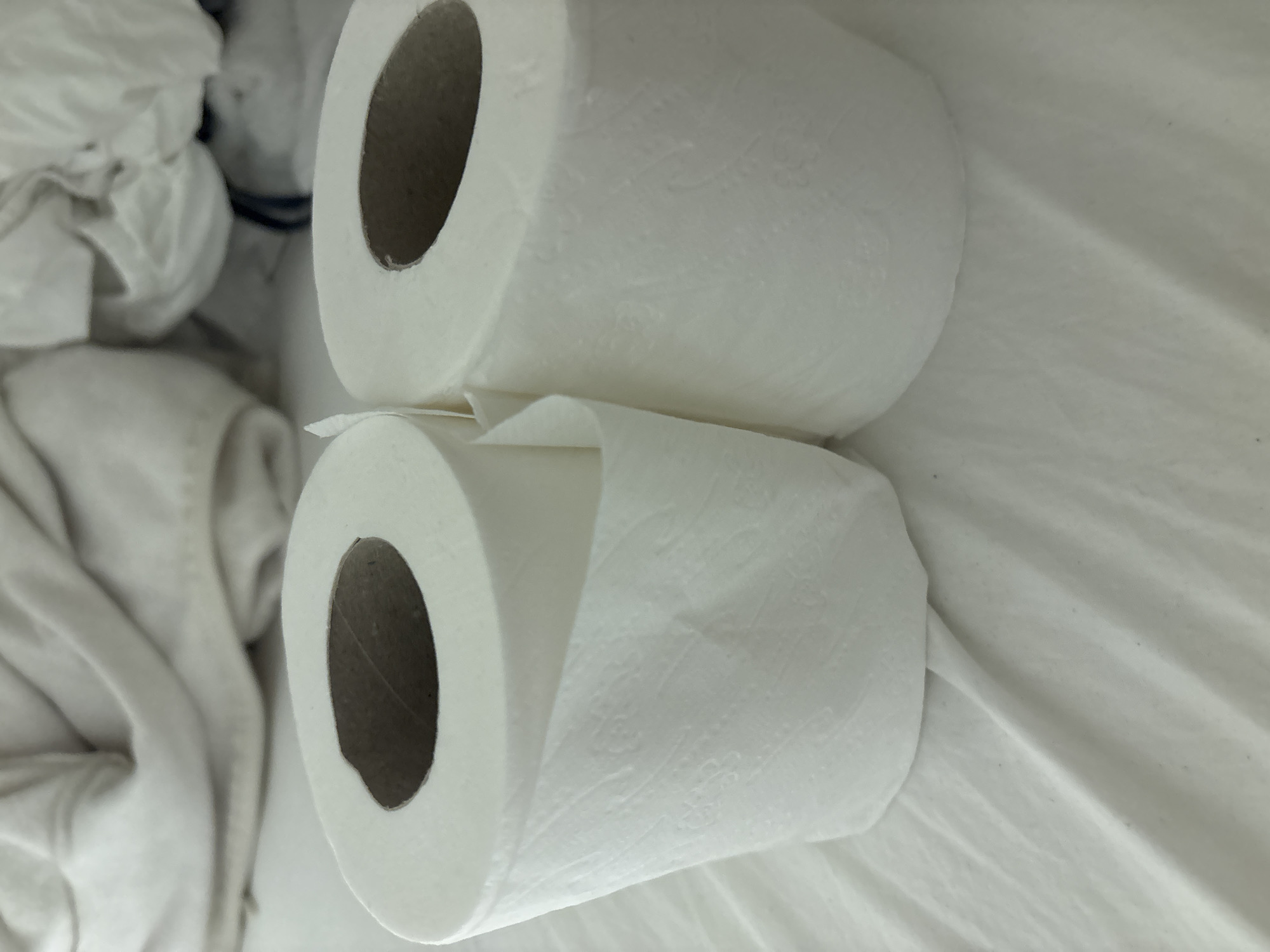 Two rolls of white toilet paper are positioned on a white, creased fabric surface. The rolls are side-by-side, with the left roll slightly in front of the right. The left roll is partially unspooled, with a section of the paper folded over the top. Both rolls have visible inner cardboard tubes and textured paper. In the background, out of focus, are draped white fabrics. The scene appears to be indoors, possibly on a bed or sofa, given the fabric texture. There is no indication of the city of Dubai or the United Arab Emirates.