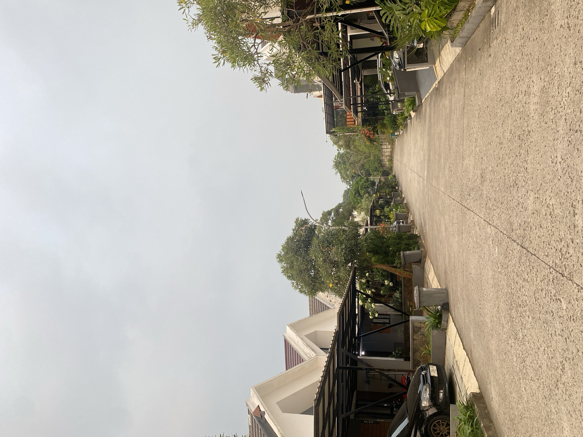 The image depicts a straight, paved road in a residential area in Cibinong, Indonesia. The sky is overcast and a light grey. On both sides of the road are houses with modern, angular roof designs, characterized by sharp peaks and white facades. Each house features a covered carport with black metal supports.
To the left, a black Volkswagen sedan is parked under one of the carports. A grey trash bin is situated on the pavement near the car. Several potted plants are visible along the property lines.
To the right, another black car is parked under a carport. Lush green foliage, including trees and large-leafed plants, lines the properties.
The road itself is made of concrete and appears to be in good condition. The overall impression is of a well-maintained, quiet suburban neighborhood. There are no people visible in the image.