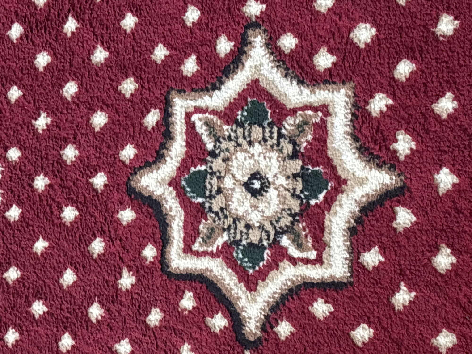 A close-up, overhead shot displays a segment of a textured, dark red rug. The rug is adorned with a repeating pattern of small, white, cross-like shapes scattered across its surface. In the center of the frame, a more intricate, eight-pointed starburst medallion is visible. This central motif features layers of white, black, tan, and dark green, creating a complex floral or geometric design. The texture of the rug appears to be loop pile, giving it a slightly shaggy appearance. No specific location in a city is discernible from the image.