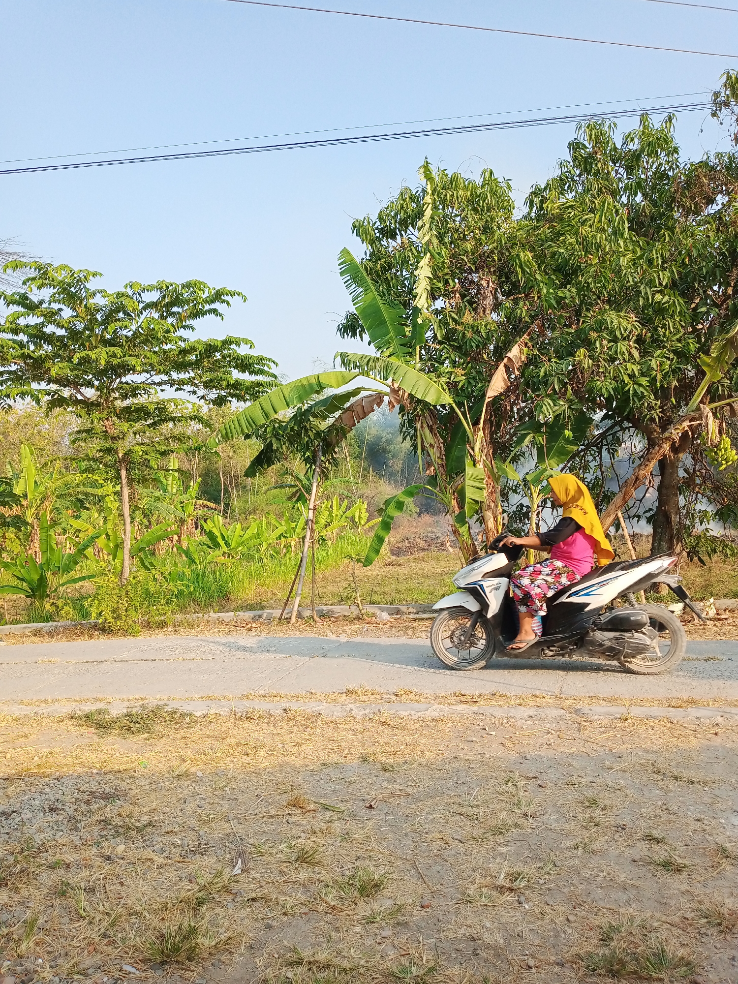A side profile full-body shot shows a woman wearing a yellow hijab, a pink shirt, and patterned pants, riding a white motorcycle on a paved road. The woman is facing left, with her right hand on the handlebar. The motorcycle is a Honda. Behind the woman and the road is a lush, green landscape with many banana trees and other foliage. In the background, there is a hazy area suggesting smoke or dust. The sky is clear and blue. The image appears to be taken outdoors during the daytime. The location is identified as Kemiri, Indonesia.