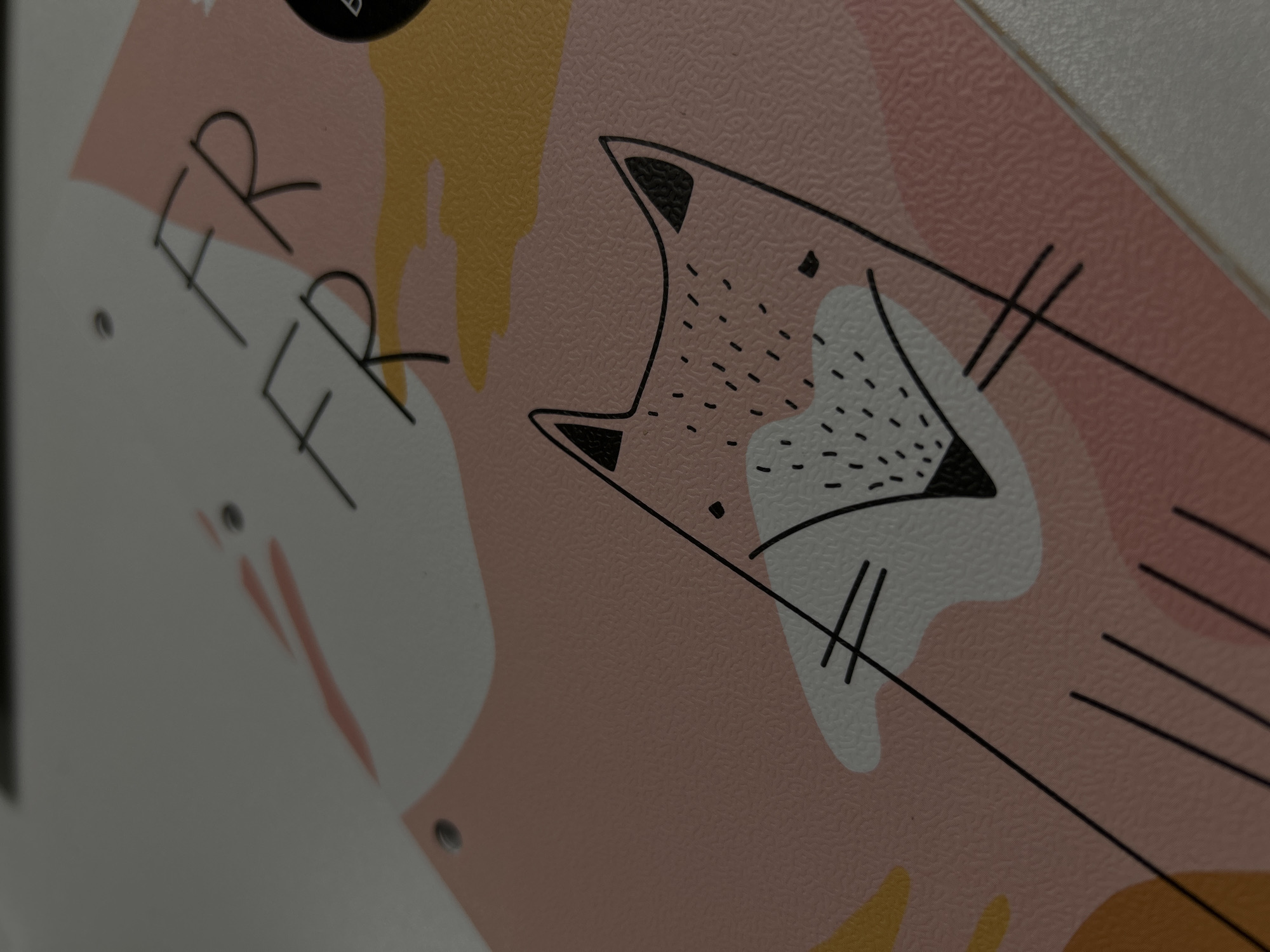 A close-up, angled shot focuses on a printed surface featuring a minimalist illustration and text. The central subject is a stylized depiction of a fox's head, created with black outlines. The fox has solid black shapes for its pointed ears and small black dashes on its face, which is composed of white and light pink abstract forms. Several straight black lines extend from the right side of the fox's head.
The illustration is set against a background of soft, abstract shapes in shades of light pink/peach, yellow/gold, and white. The printed surface itself displays a consistent, fine stippled or pebbled texture. A plain, light gray or white surface is visible on the far left and along the top-right edge of the image, adjacent to the printed area.
On the left side, two sets of capital letters "ER" are visible in thin black font, stacked vertically. The top "ER" is partially cropped. No specific activity or event is taking place, as it's a static image of an object. The lighting is soft and even, highlighting the surface texture. There are no discernible cues for time of day, weather, or specific location within the image itself.