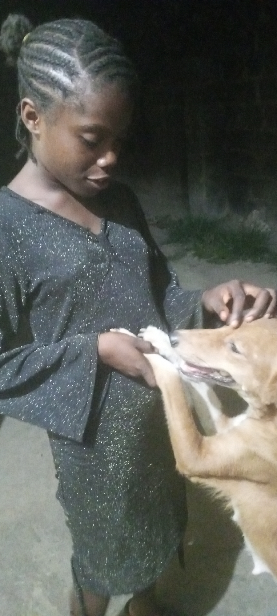A young person is interacting with a dog in what appears to be an outdoor setting, possibly at night in Unknown, Unknown. The person has dark skin, hair braided in cornrows, and is wearing a dark, possibly shimmery top or dress. The dog is light brown with a white patch on its chest, and its mouth is open. The person is holding one of the dog's paws and is touching the dog's head with their other hand. The background is dark with some vegetation visible.
