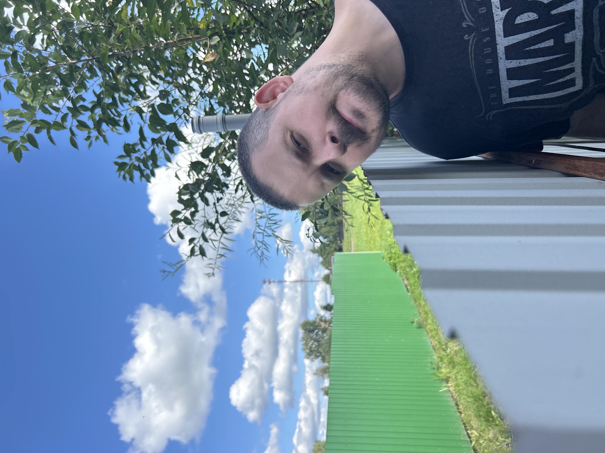 A man with short hair and a mustache is pictured from the chest up, leaning towards the camera. He is wearing a black t-shirt with the text "THE HOUSE OF MARVEL" printed on it in white. The man is positioned outdoors, leaning against a gray corrugated metal fence. Behind him, a bright green corrugated metal fence runs horizontally across the frame, with a patch of green grass and some trees visible beyond it. The sky is blue with fluffy white clouds. A tall radio tower is visible in the distance. The scene appears to be in a rural or suburban area in Ozeretskoe, Russia.