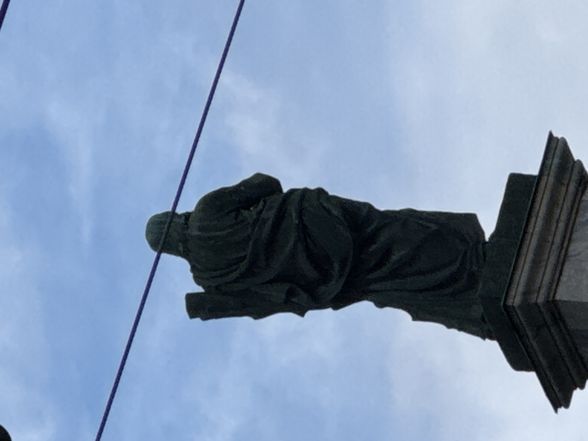 The image presents a dark-colored statue viewed from a low angle against a backdrop of a light blue sky with soft, diffused white clouds. The statue, likely made of bronze or dark stone, depicts a full-body figure draped in heavy, flowing robes. The figure's head is tilted downwards or turned away, suggesting a contemplative or reverent posture. The intricate folds of the drapery are visible, adding to the statue's classical aesthetic.
The statue is mounted on a dark, multi-tiered pedestal or base, a portion of which is visible on the right side of the frame. This base features architectural details, possibly in a layered or fluted design. A thin, purple or violet-colored wire diagonally traverses the upper left and central sections of the image, passing in front of the sky and behind parts of the statue.
The bright sky indicates it is daytime, with the soft lighting suggesting an overcast day or a time without direct sunlight, as there are no strong shadows on the statue. The scene is static, showing no specific activity or event. No visible text is present on the statue or its base. Given the context, this statue is part of a monument or architectural feature in Saint Petersburg, Russia.