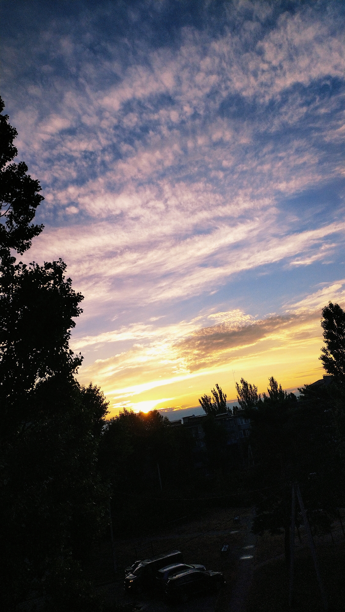 The image depicts a sunset over the city of Horishni Plavni, Ukraine. The sky is a canvas of blues, purples, and yellows, with streaks of clouds illuminated by the setting sun. Silhouetted against the vibrant sky are the dark forms of trees, buildings, and parked cars. The foreground is dominated by dark trees on the left, and a lower section of the frame shows a street or courtyard with several cars parked. The overall impression is one of a peaceful evening in an urban setting.