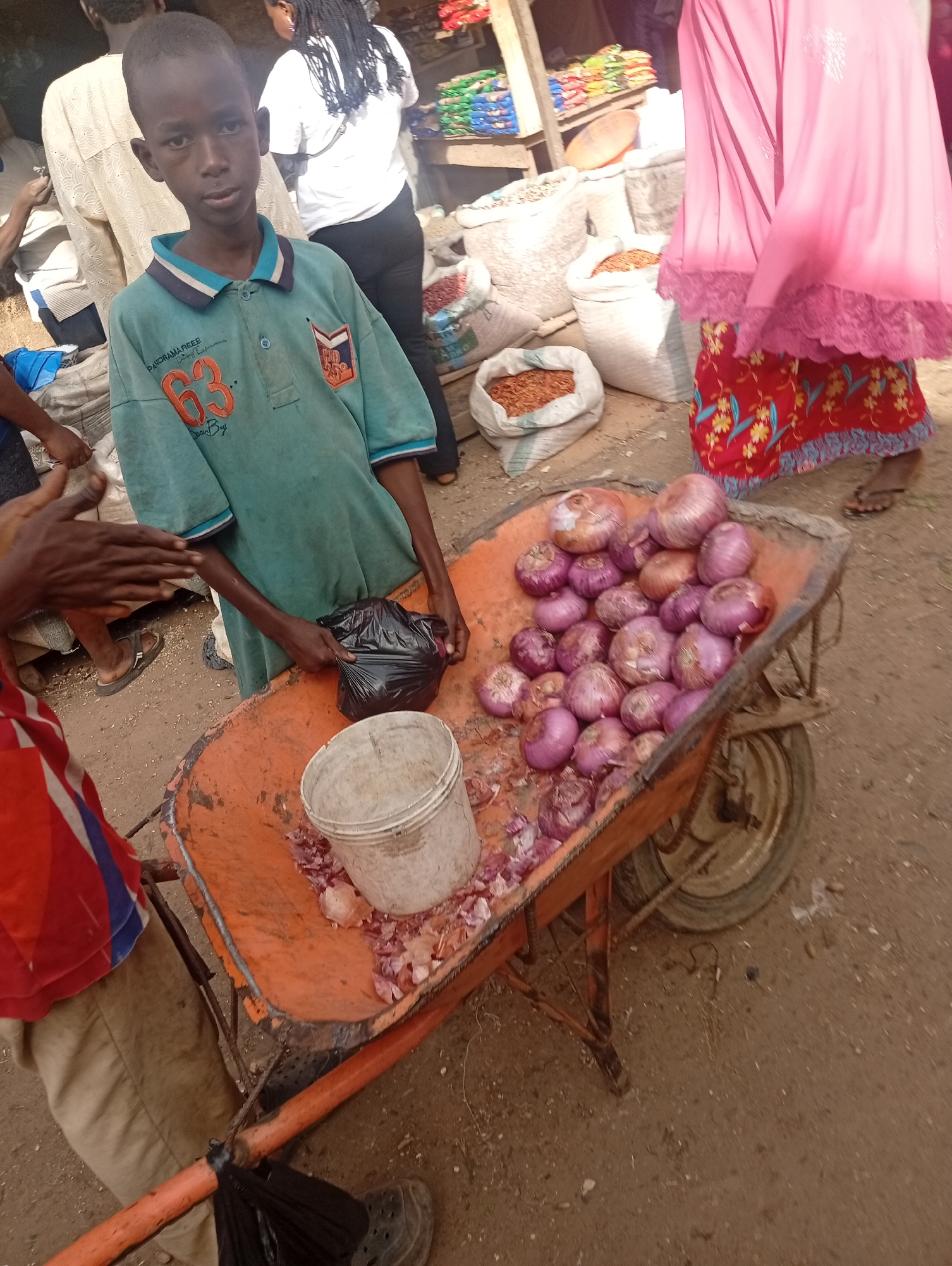 This image depicts an outdoor market scene in Rafin Par, Nigeria. A young boy, wearing a teal polo shirt with orange accents and the number "63" on the front, stands near an orange wheelbarrow filled with red onions. He is holding a black plastic bag. To his left, a person's hands are visible, seemingly interacting with him or the goods. In the background, other market-goers are present, including a person wearing a pink headscarf and a red and yellow floral skirt, and another individual in a white shirt. Stalls with various goods, possibly dried food items in sacks, are visible behind the people. The ground is sandy or dusty. The overall atmosphere suggests a busy commercial environment.