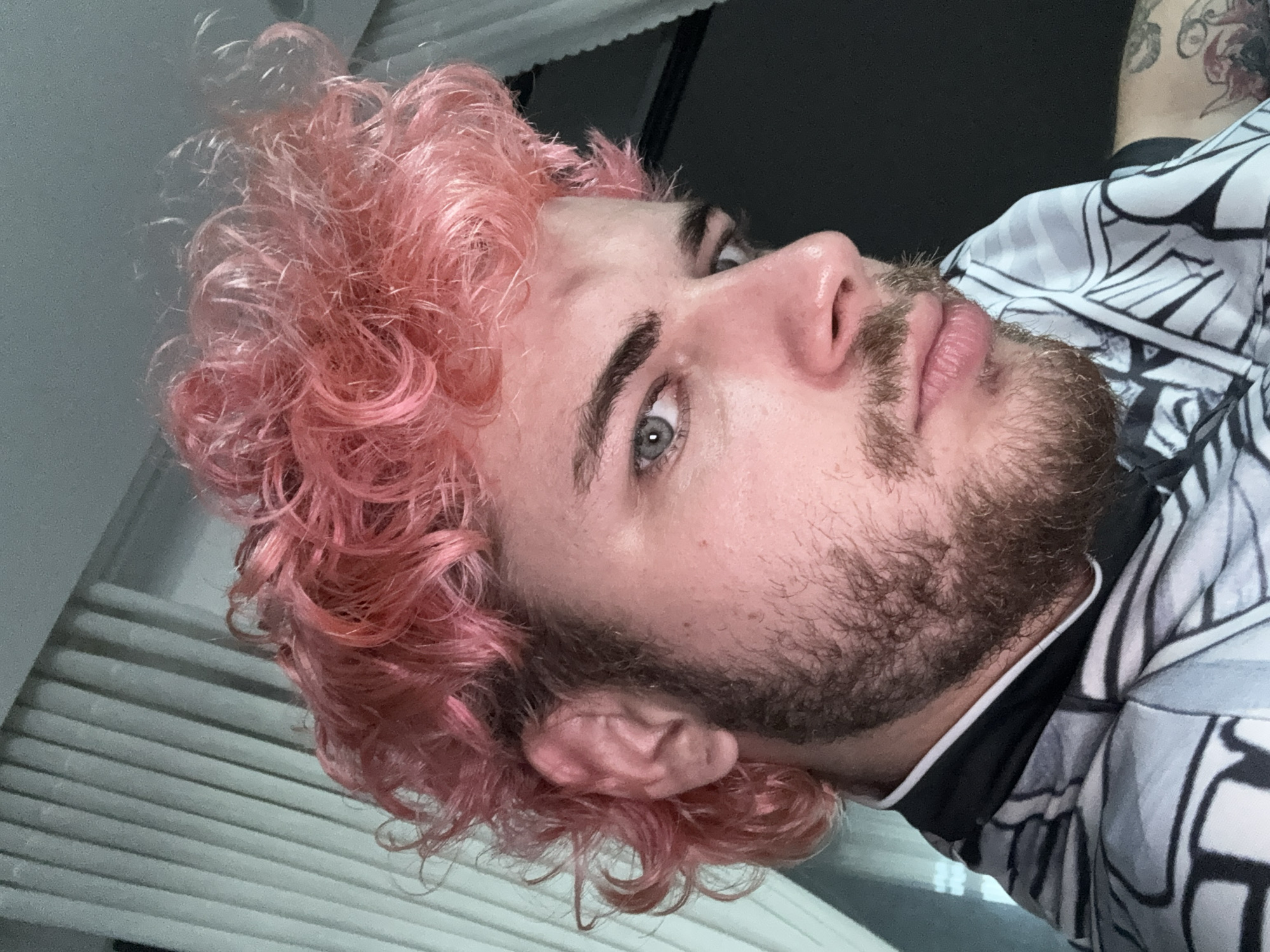 A close-up, portrait-oriented photograph features a light-skinned man with pink curly hair and a reddish-brown beard. He is looking slightly upward with his lips pursed. He has light-colored eyes and visible facial hair. He is wearing a light-colored shirt with a geometric pattern. The background includes what appears to be horizontal blinds or slats of a window covering, and a dark area, possibly a ceiling or wall. There is a tattoo visible on the upper arm. No information indicates this image was taken in Đà Nẵng, Vietnam.