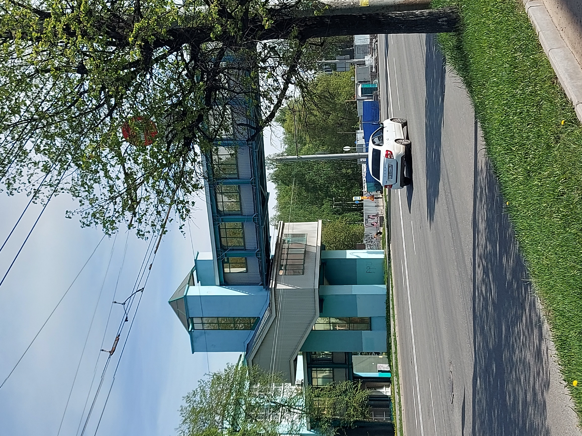 The image captures a street scene in Izhevsk, Russia. A multi-level, modern building with a light blue and grey color scheme stands prominently next to the road. The building's architecture features a boxy design with numerous windows. A white car is traveling on the road, heading away from the viewer. The road itself is marked with double white lines. A grassy verge runs alongside the road, dotted with yellow wildflowers. A large tree with dense foliage partly obscures the building, and its branches reach across the top left of the frame. Overhead power lines are visible against a pale blue sky. The overall environment appears to be a mix of urban development and natural greenery.